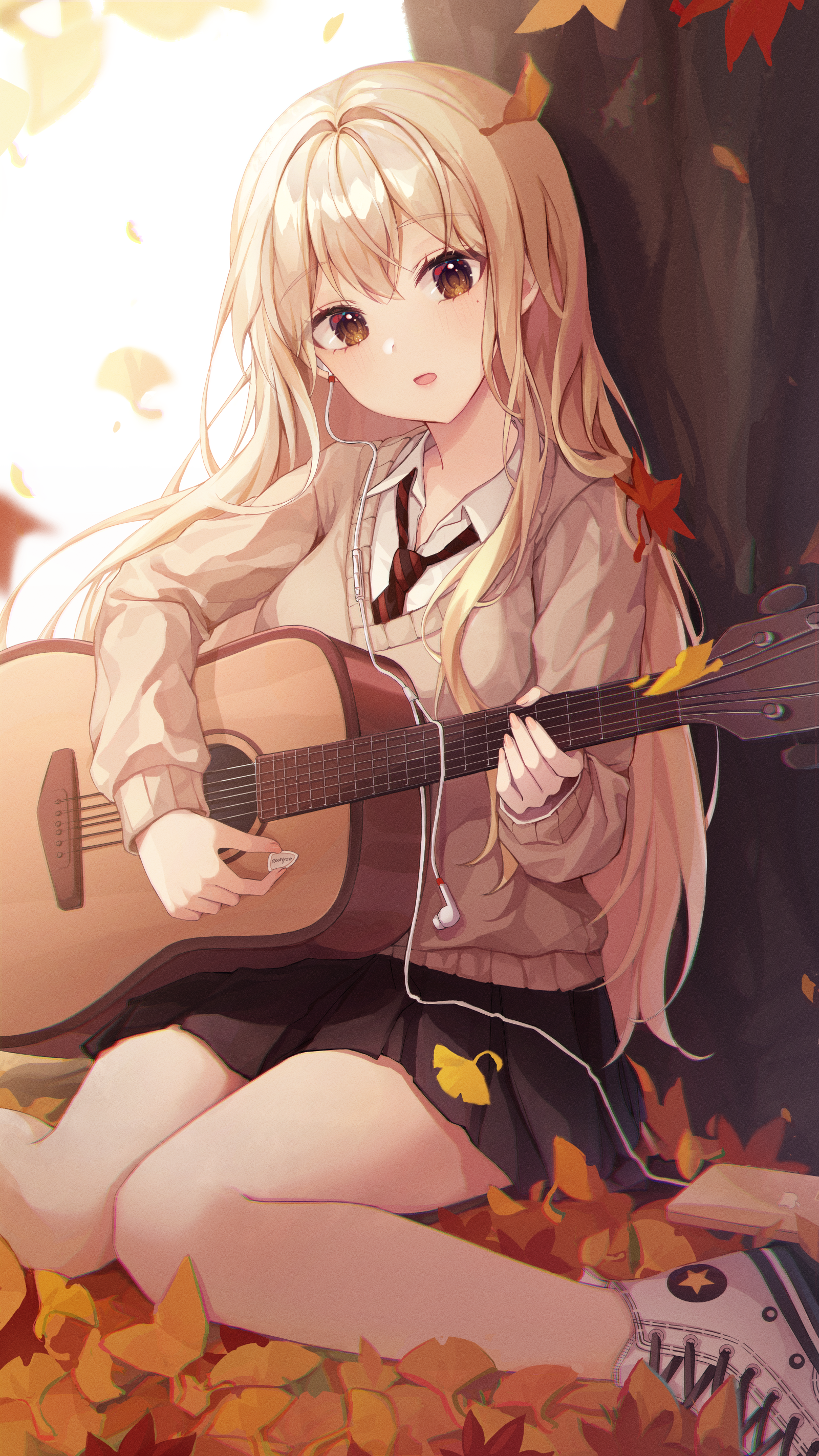 Anime 1600x2844 anime anime girls guitar musical instrument school uniform leaves