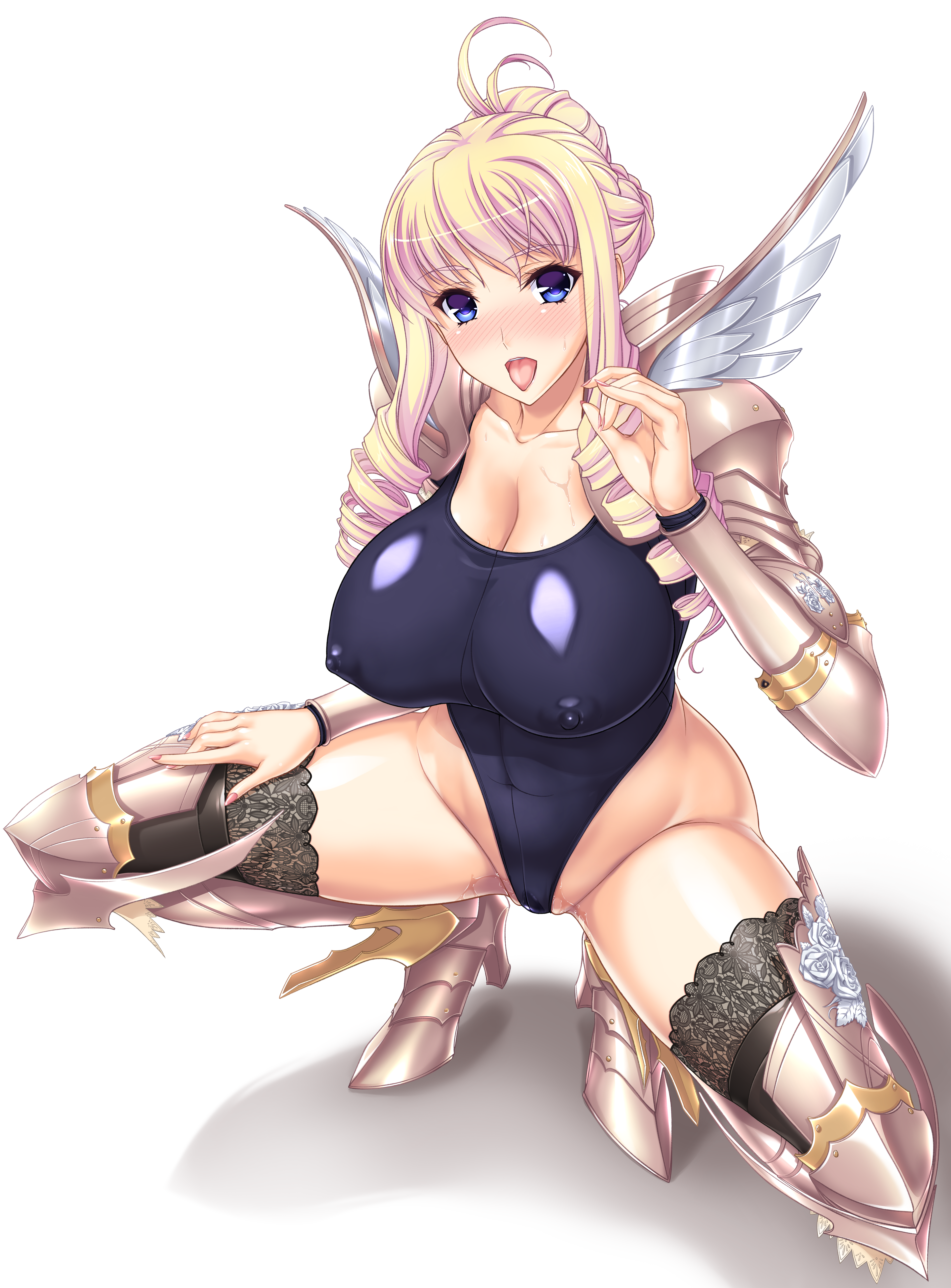 Anime 5164x6996 Walkure Romanze cleavage armor one-piece swimsuit spread legs squatting tongue out blonde anime girls blue eyes heels oral sex
