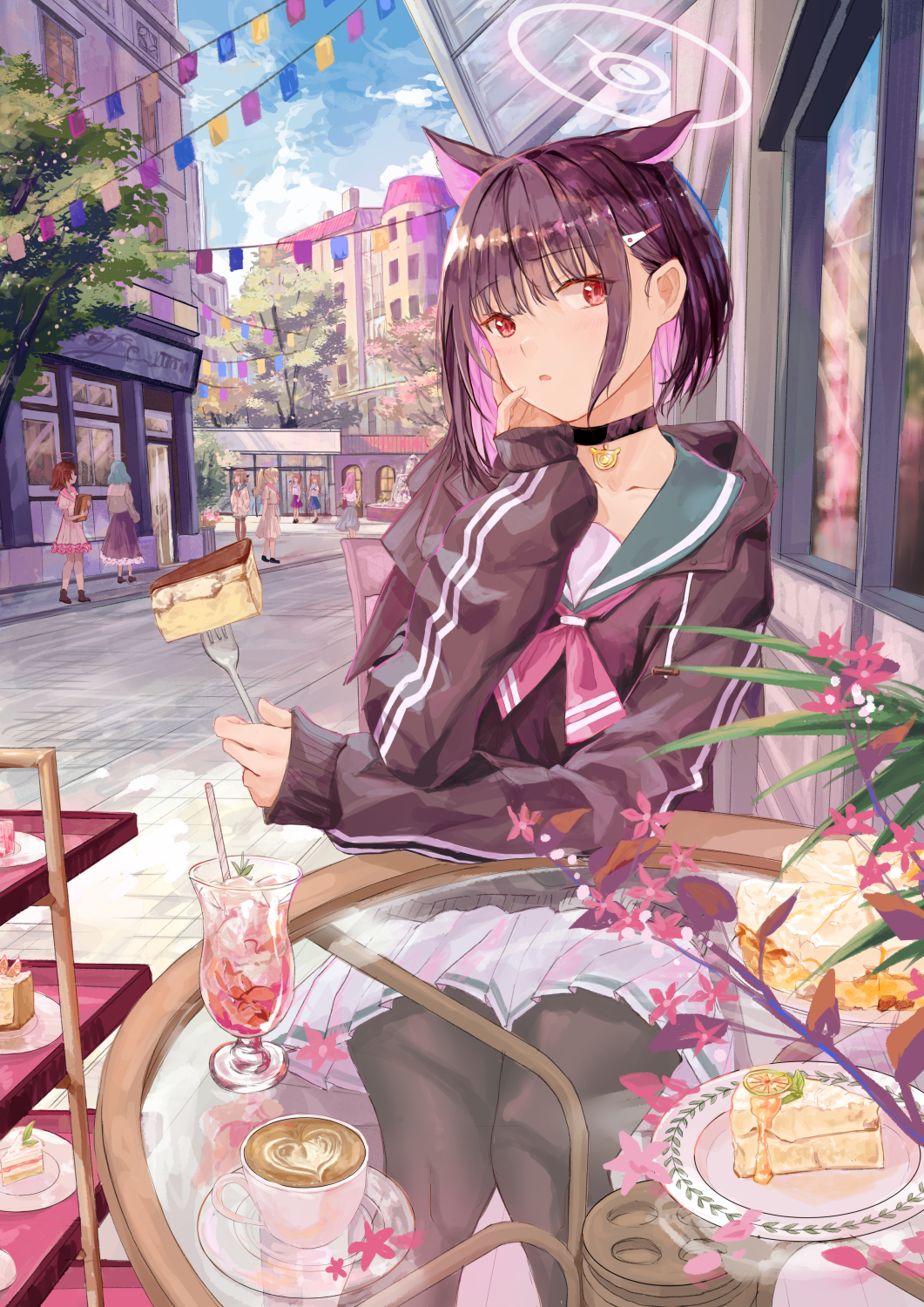 Anime 1061x1500 Blue Archive animal ears portrait display flowers Kyouyama Kazusa street looking at viewer cake short hair two tone hair red eyes open mouth black jackets hair clip hair ornament choker school uniform sitting women outdoors drink pink flowers cat ears depth of field building white skirt blushing cafe hooded jacket long sleeves fork pantyhose jacket clouds anime girls flag sky cup black pantyhose food Forest 0 drinking straw