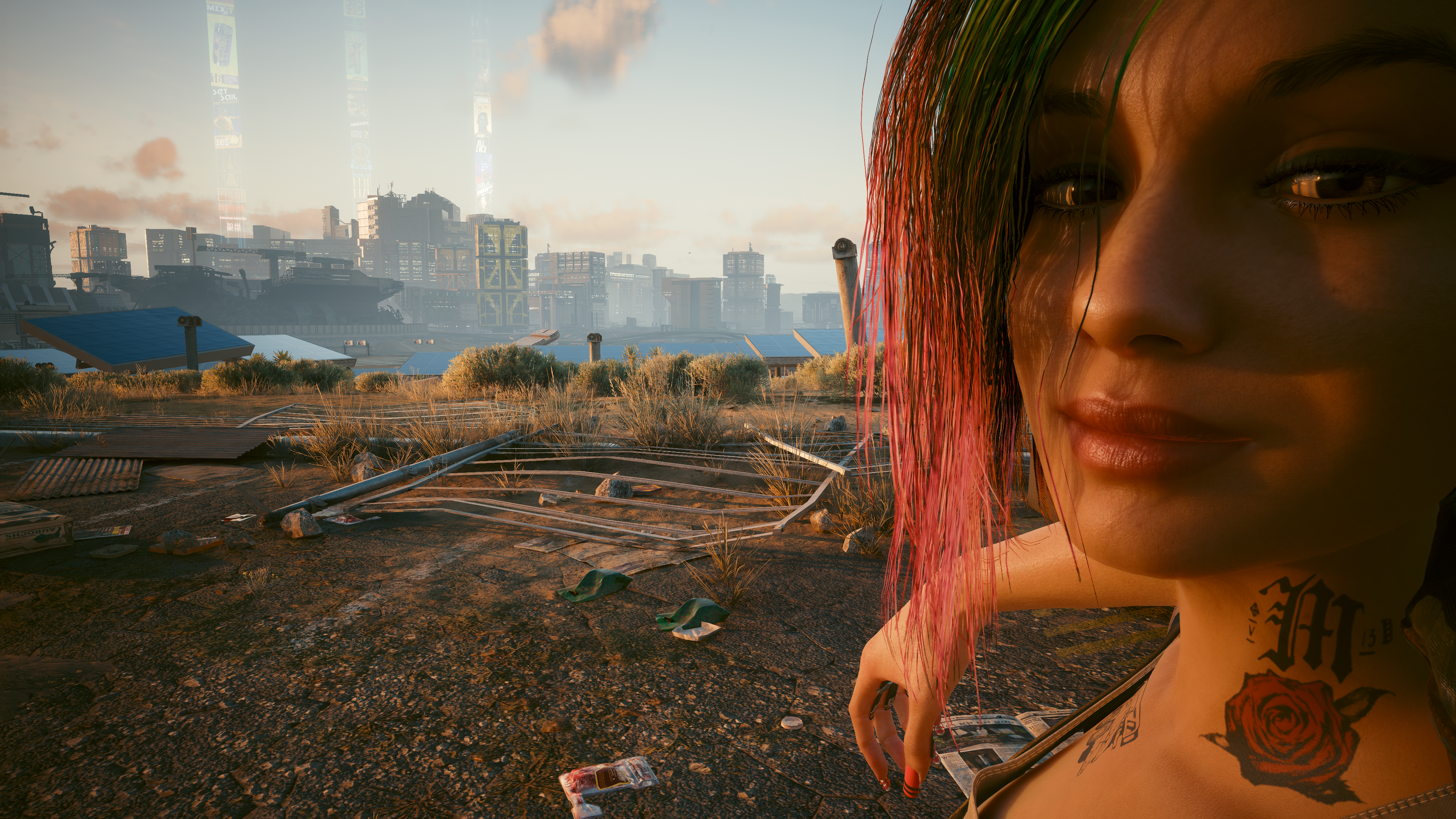 General 3840x2160 Cyberpunk 2077 cyberpunk Cyberpunk 2077 Phantom Liberty digital art screen shot video game characters CGI video game art smiling video game girls face closeup closed mouth tattoo looking at viewer outdoors women outdoors rose ground messy sky clouds building painted nails two tone hair video games