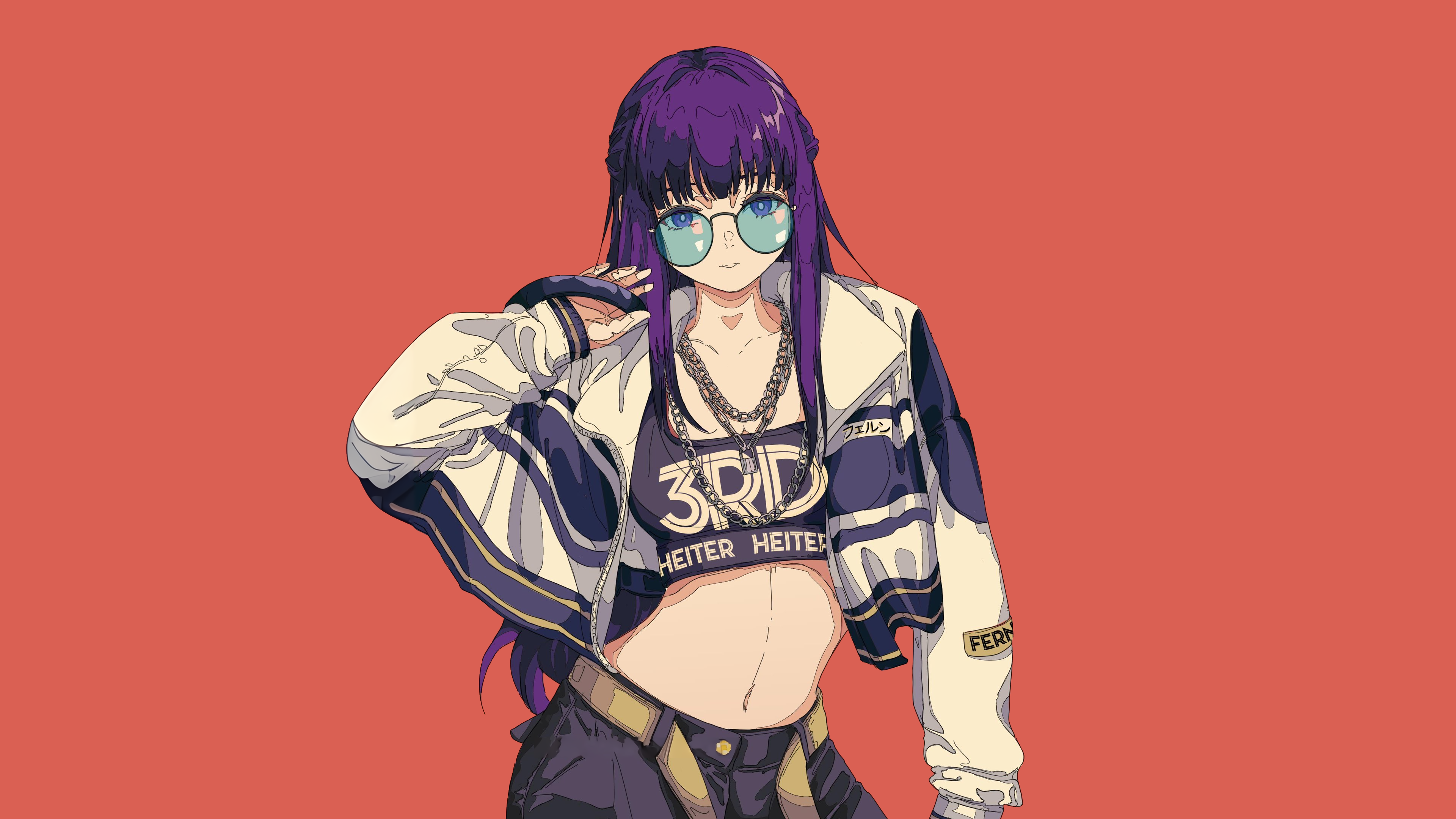 Anime 3840x2160 artwork minimalism Sousou No Frieren purple eyes purple hair looking at viewer long hair nest_virgo open jacket jacket simple background chains anime girls bare midriff glasses anime belly smiling Fern (Sousou No Frieren)
