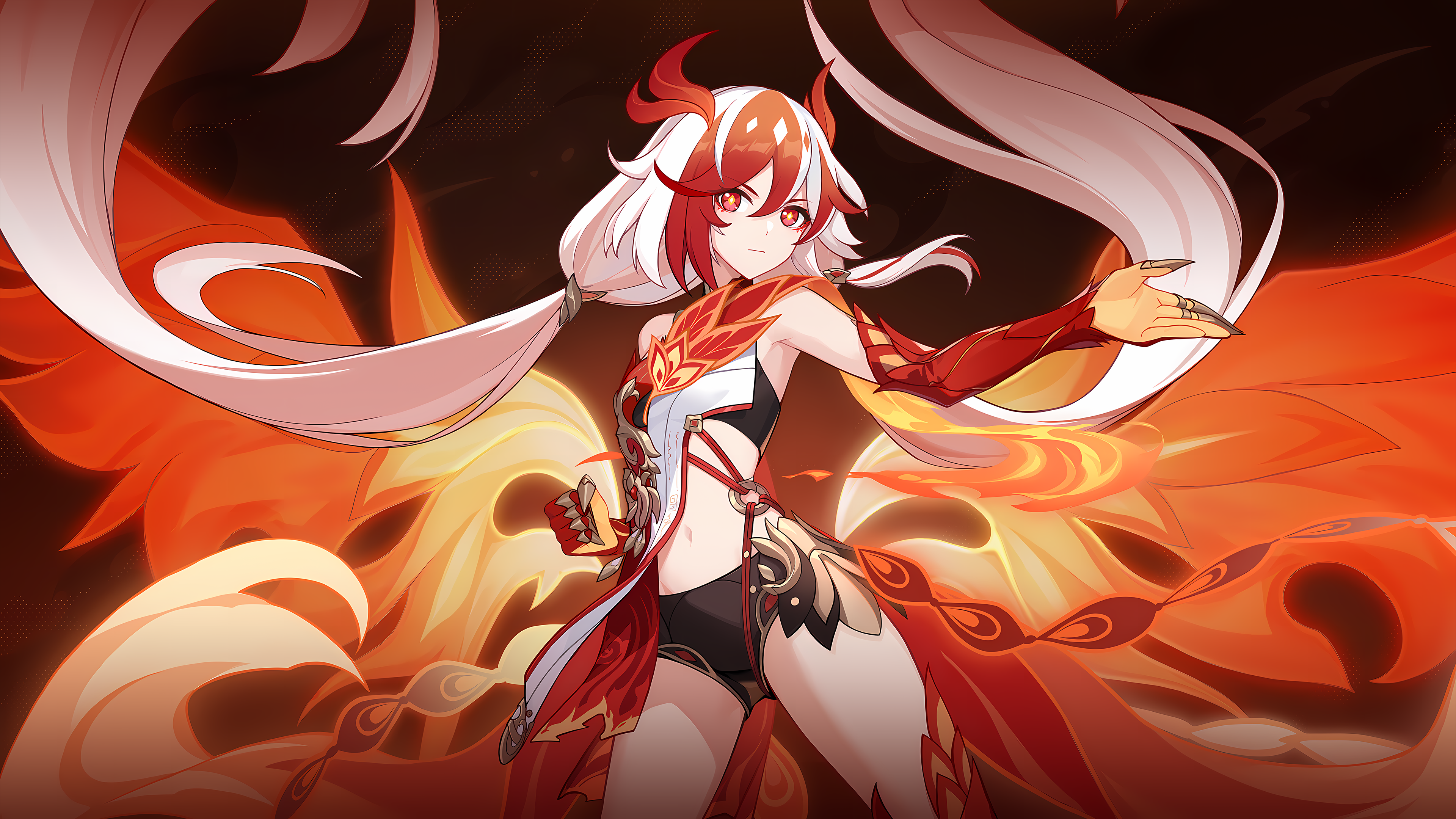 Anime 3840x2160 Fu Hua Honkai Impact 3rd anime girls Honkai Impact Garuda looking at viewer hair between eyes skinny closed mouth twintails two tone hair long hair bare shoulders gloves red eyes belly button symbol-shaped pupils belly elbow gloves standing shorts skimpy clothes claws chinese clothing makeup