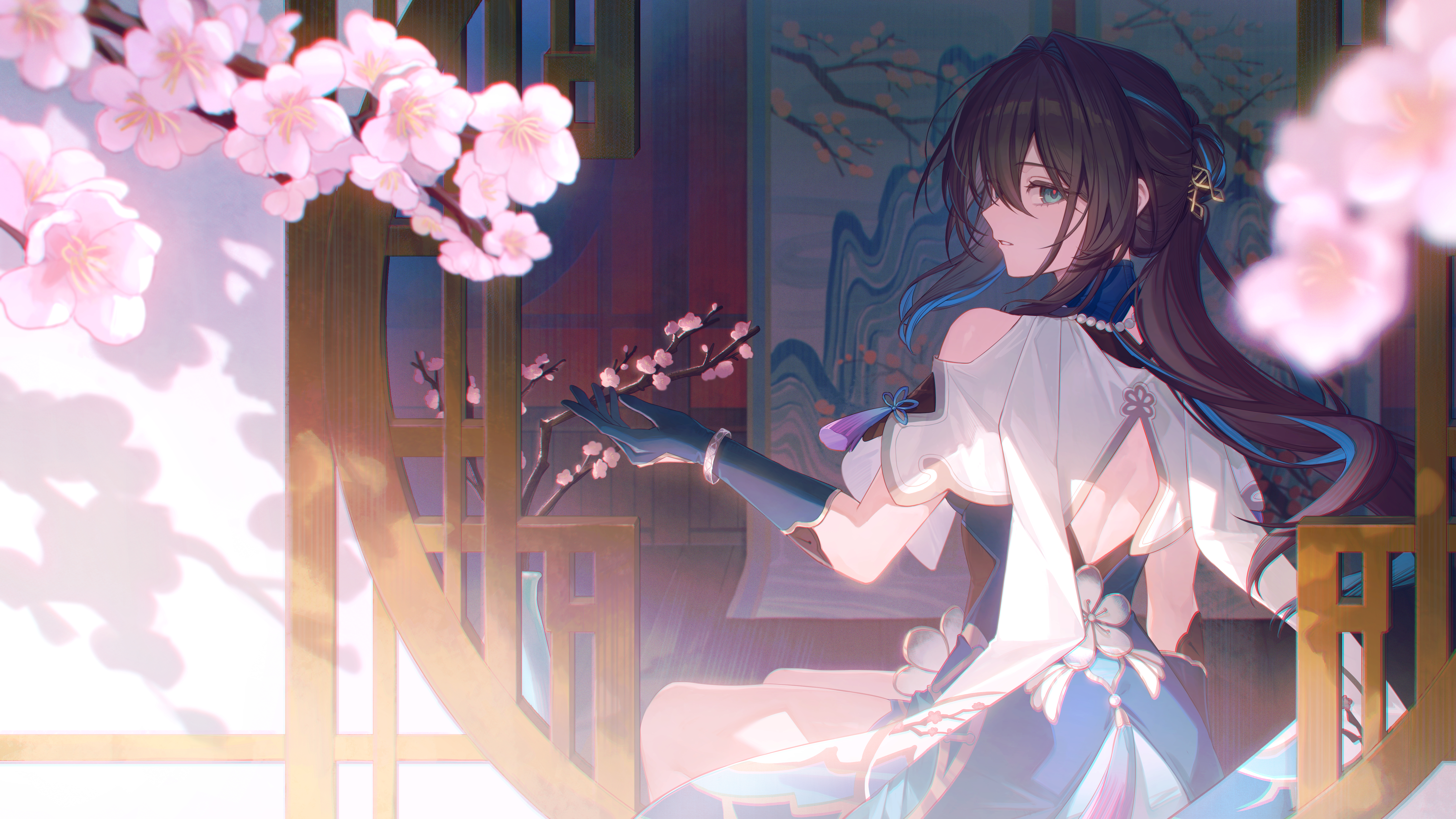 Anime 5760x3240 Honkai: Star Rail flowers looking back pink flowers Ruan Mei (Honkai: Star Rail) two tone hair long hair cherry blossom gloves elbow gloves dark hair looking at viewer dress hair ornament back anime girls sitting bare shoulders anime branch parted lips blue eyes sunlight