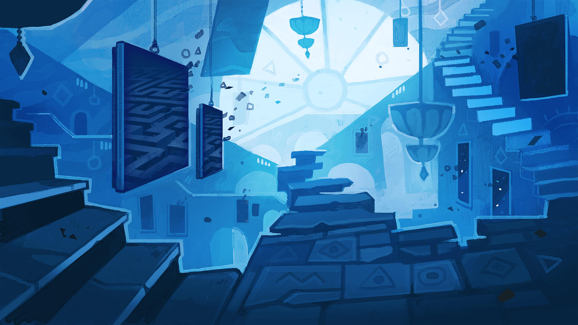 General 1920x1080 cultist simulator Weather Factory digital art video game art floating video games blue stairs blue light