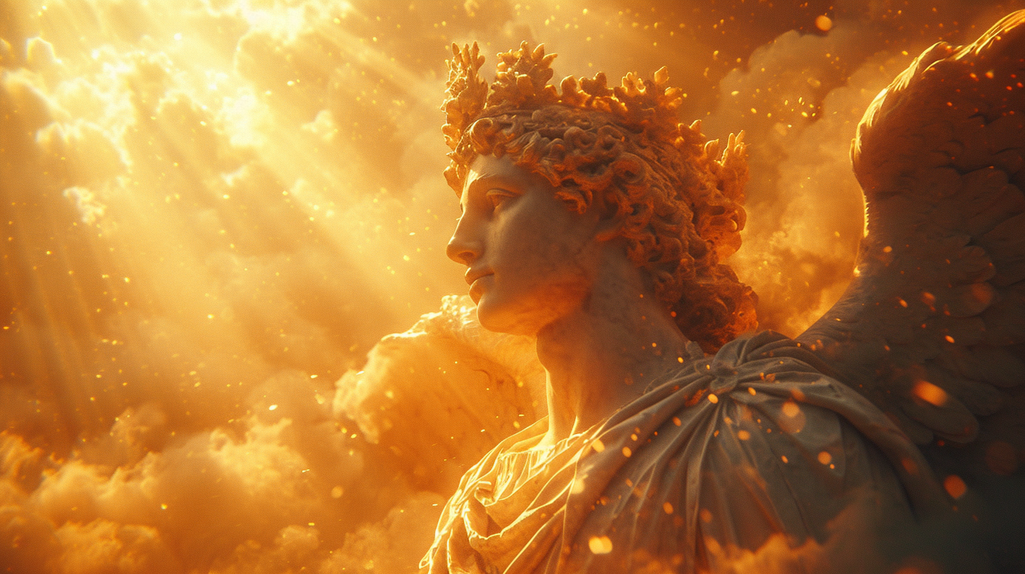 General 1456x816 AI art digital art Sun orange statue mythology sunlight God wings men sky