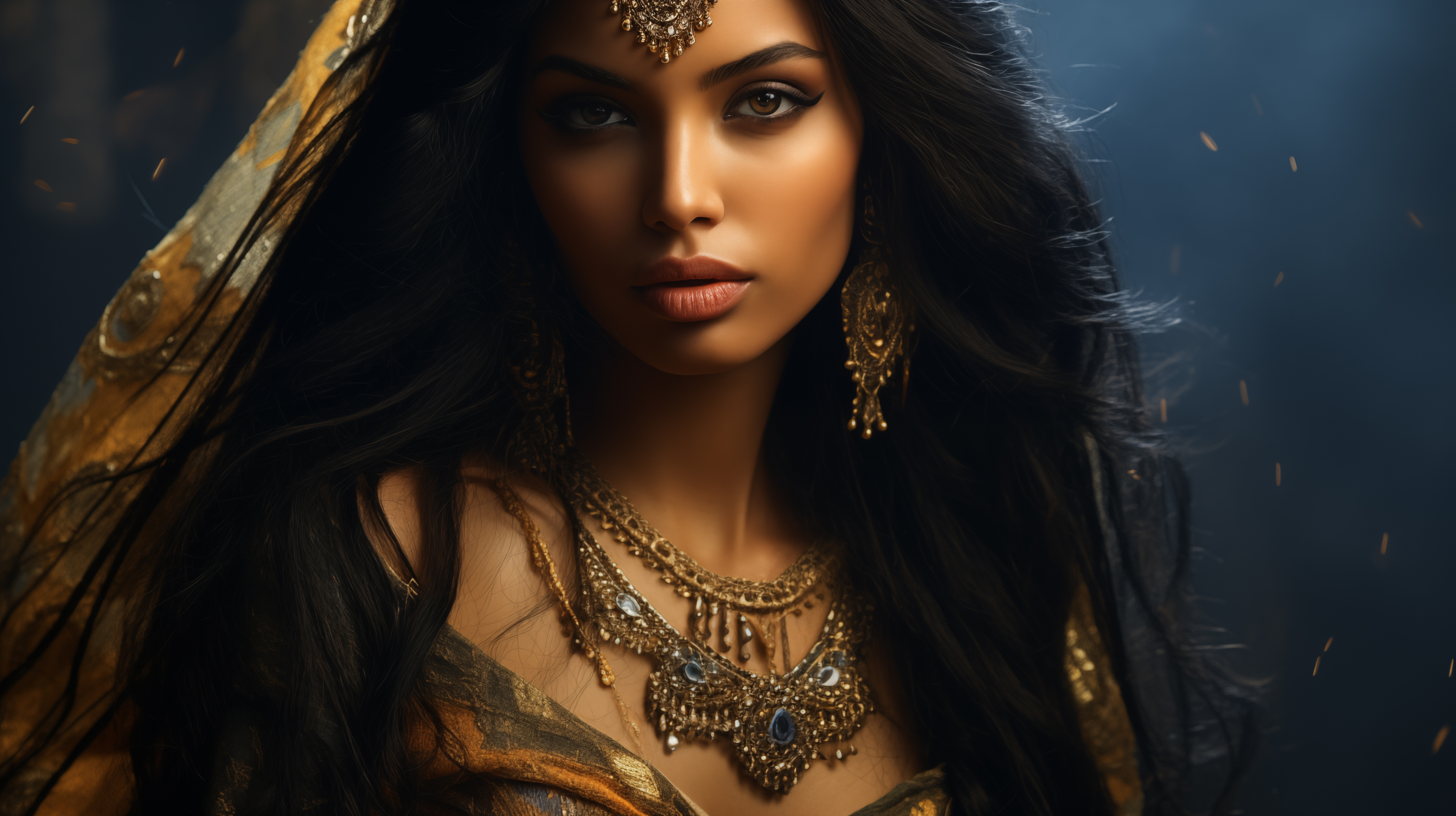 General 3854x2160 AI art digital art portrait women black hair medieval clothes necklace looking at viewer parted lips long hair jewelry tanned juicy lips gemstones face