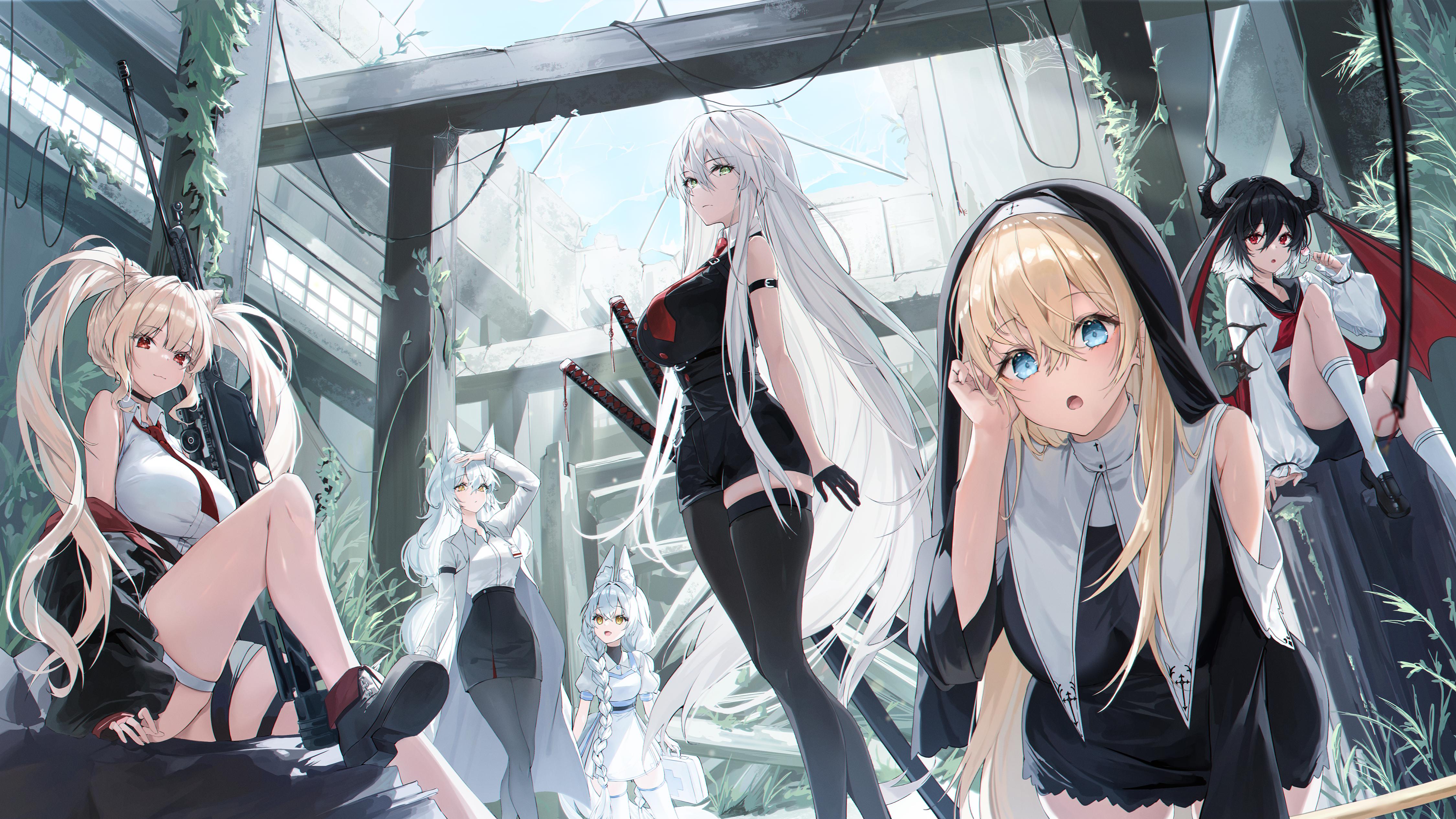 Anime 4500x2532 anime anime girls looking at viewer twintails long hair open mouth sitting bare shoulders sunlight fox girl fox ears demon girls demon horns braids sniper rifle closed mouth girls with guns choker gloves building torii leaves bent over shoes jacket nuns nun outfit short hair big boobs hand(s) in hair gun smiling wings socks white socks