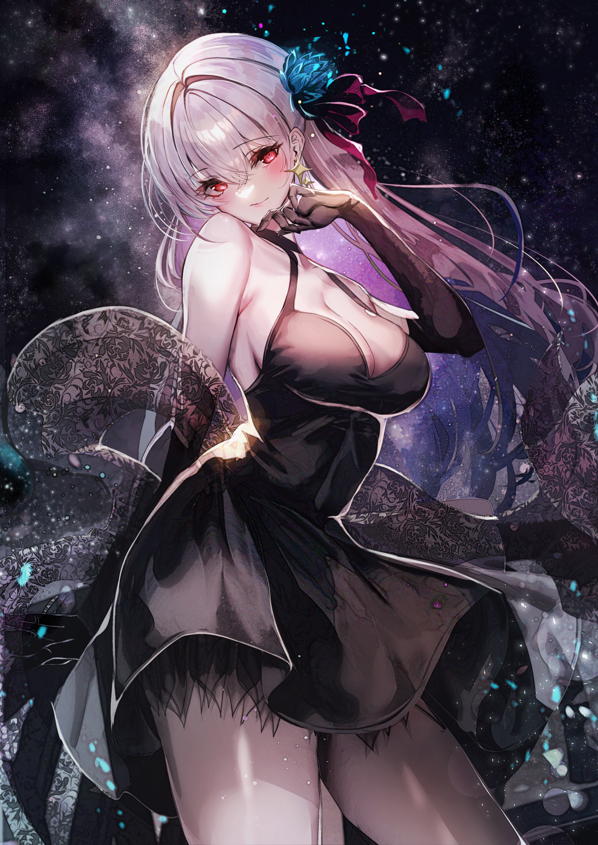 Anime 2026x2865 Fate/Grand Order dress Fate series black dress Kama (Fate/Grand order) cleavage bare shoulders big boobs elbow gloves black gloves Chiachun looking at viewer thighs long hair closed mouth starry night starred sky gradient hair red eyes jewelry flower in hair hair ribbon smiling white hair standing stars sky frills anime hair between eyes anime girls collarbone