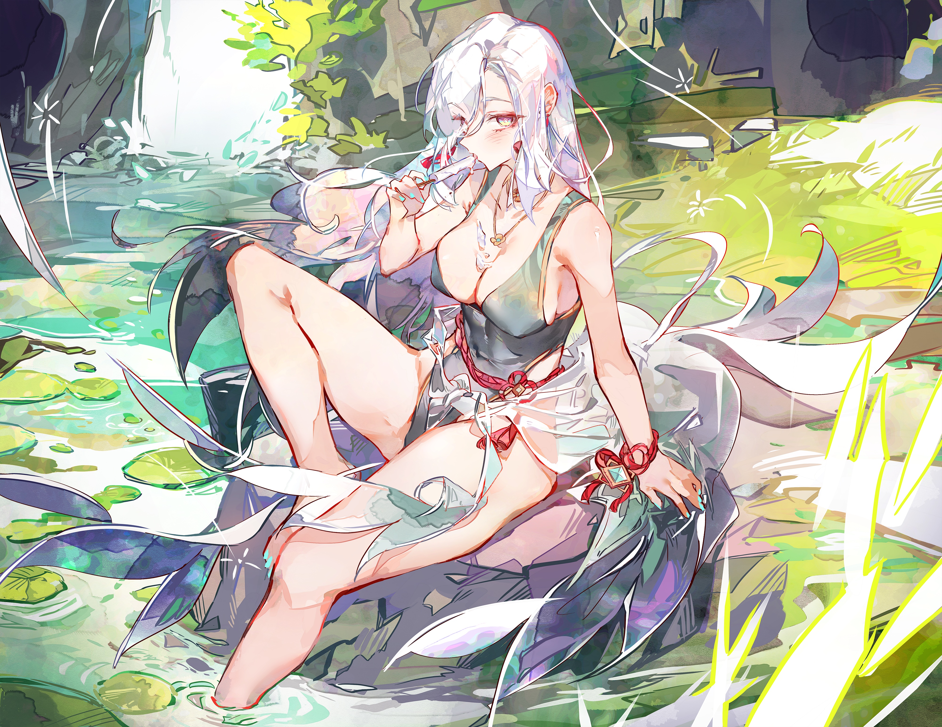 Anime 4000x3089 anime anime girls Shenhe (Genshin Impact) Genshin Impact sitting outdoors women outdoors cocoballking long hair popsicle suggestive blushing multi-colored eyes cleavage big boobs bare shoulders water water lilies bent legs sunlight