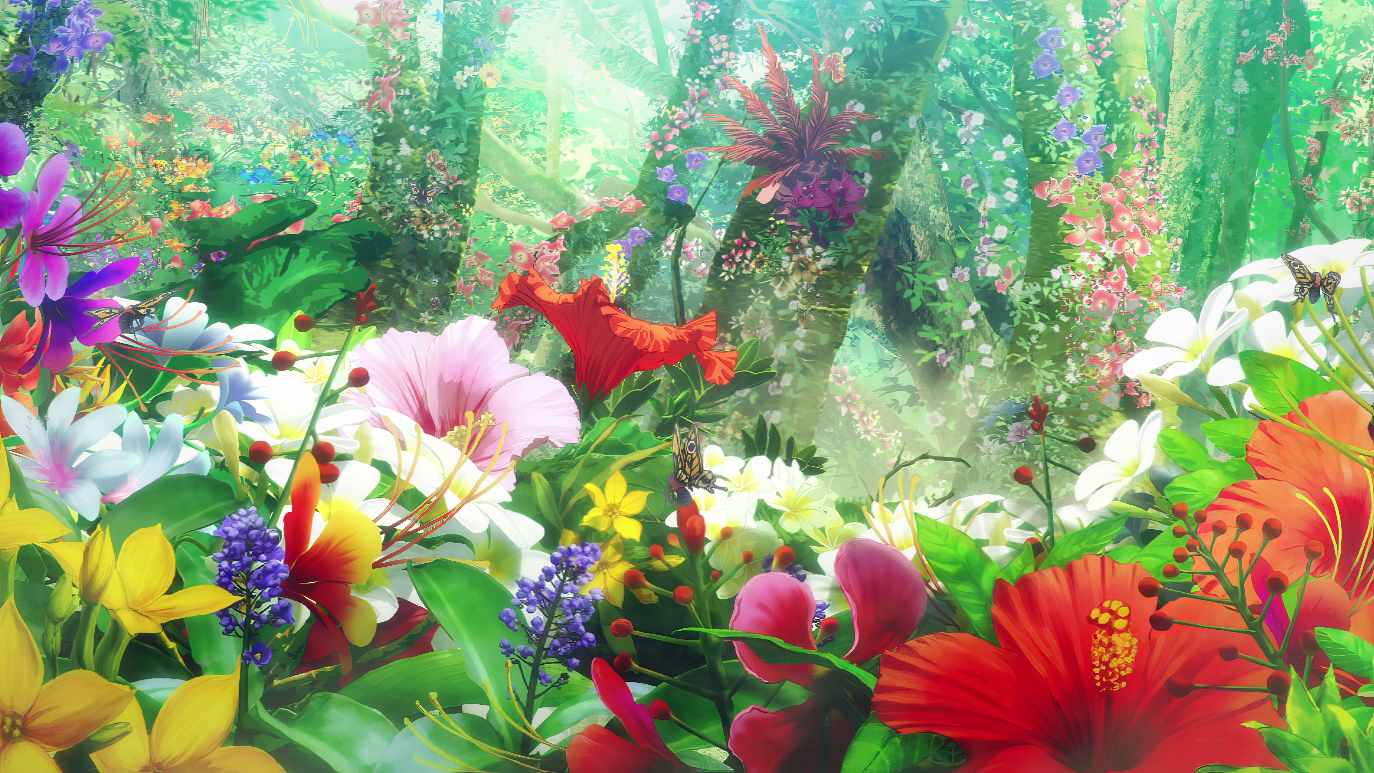 Anime 4627x2603 4K anime Hell's Paradise: Jigokuraku flowers hibiscus trees butterfly flower garden nature Anime screenshot sunlight leaves insect