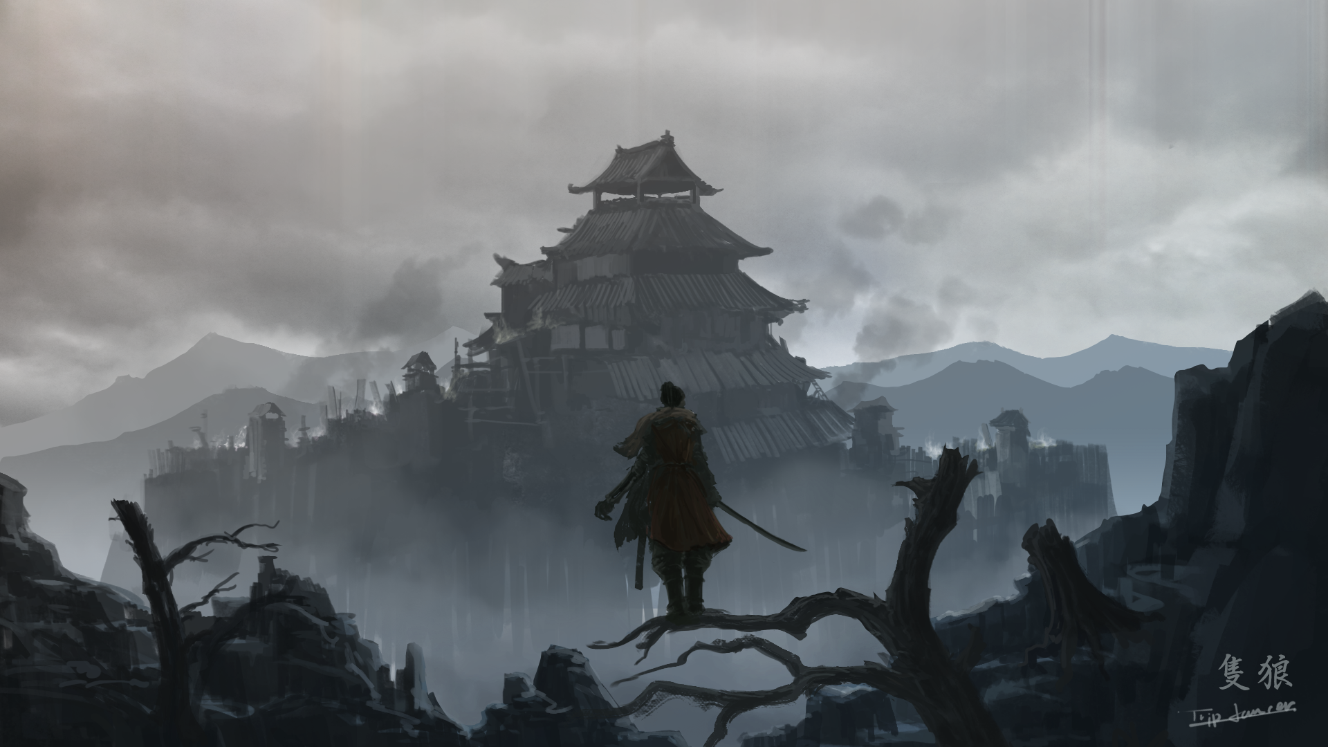 General 1920x1080 fantasy art digital art artwork video game art Sekiro: Shadows Die Twice video game characters sky overcast signature standing branch video games sword mountains low saturation TripDancer