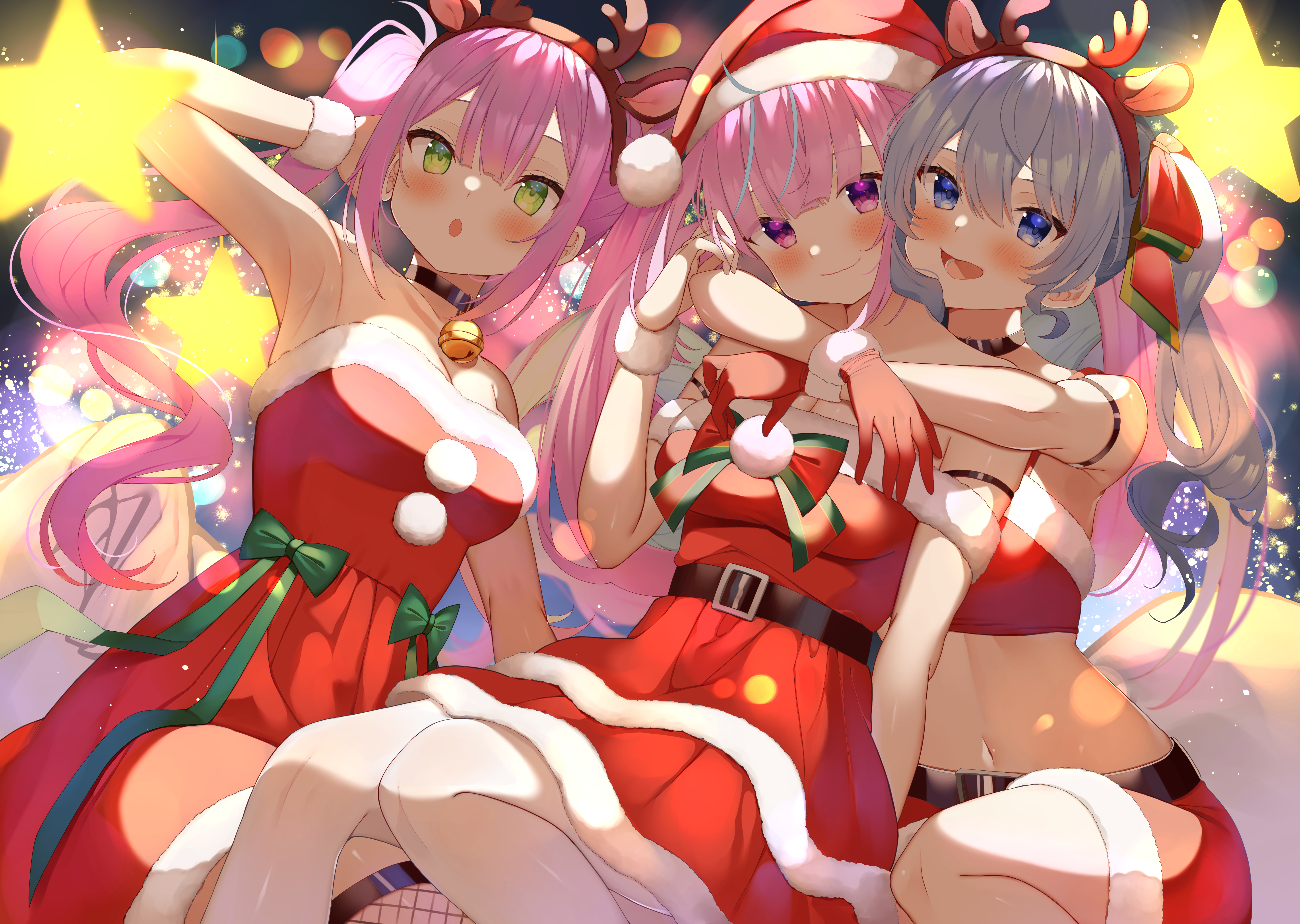 Anime 5870x4174 anime anime girls Hoshimachi Suisei Hololive Virtual Youtuber blushing Mymerody4649 long hair Christmas Minato Aqua Tokoyami Towa Santa hats hair between eyes gloves bare shoulders armpits looking at viewer stars two tone hair blue hair pink hair green eyes purple eyes blue eyes bare midriff sitting bangs closed mouth open mouth choker Christmas clothes twintails