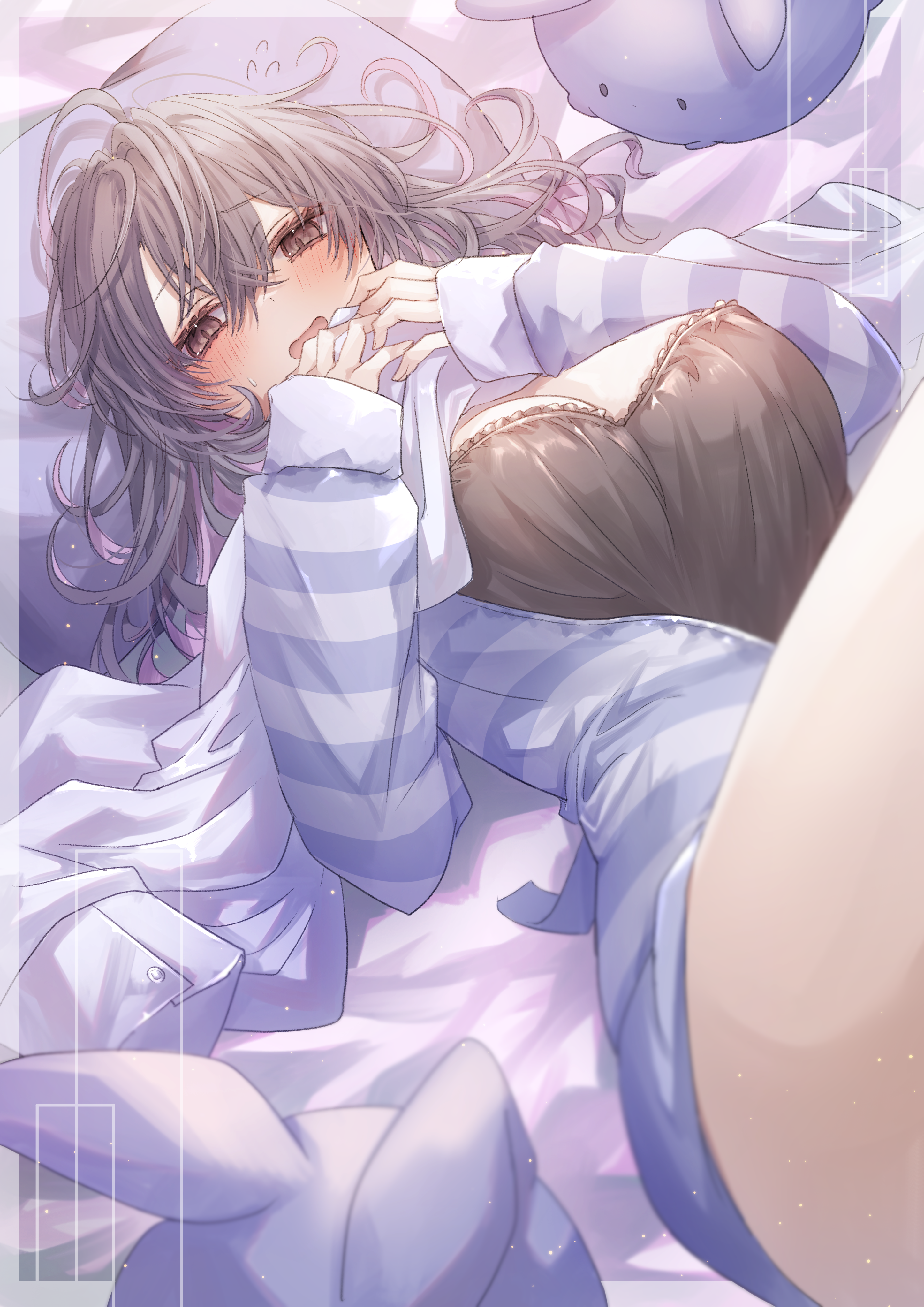 Anime 2894x4093 anime anime girls blushing huge breasts embarrassed long hair gray hair open clothes thighs Shikino Yuki looking at viewer pyjamas lying down lying on back open mouth stripes hair between eyes pillow long sleeves ahoge lingerie portrait display