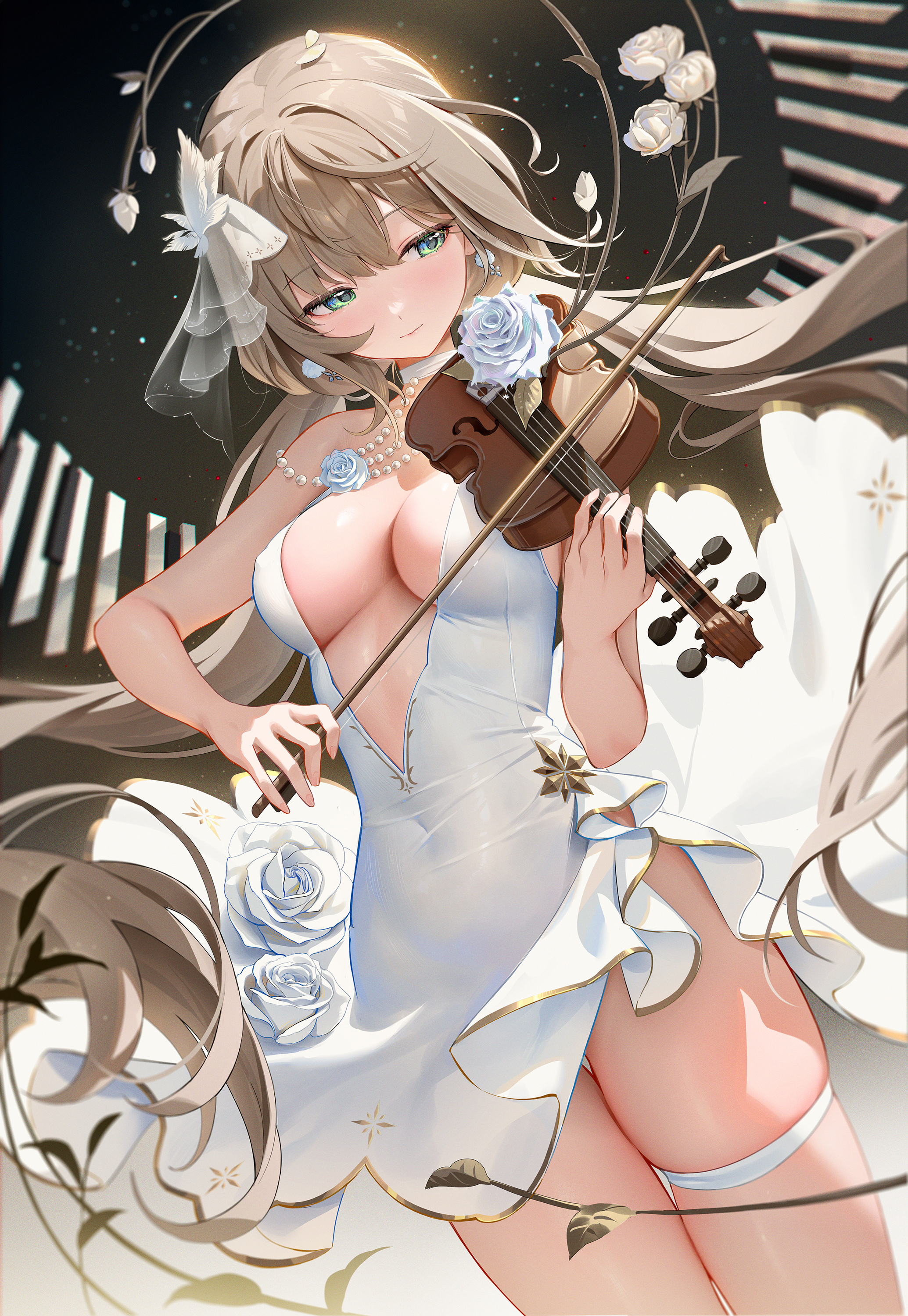 Anime 2069x3000 anime girls portrait display musical instrument dress white dress white flowers hair ornament long hair violin looking sideways big boobs thigh strap bare shoulders beads Houkiboshi cleavage white rose flowers green eyes jewelry sleeveless smiling tight dress blushing pearl necklace music Momoko (Houkiboshi) vines thighs rose