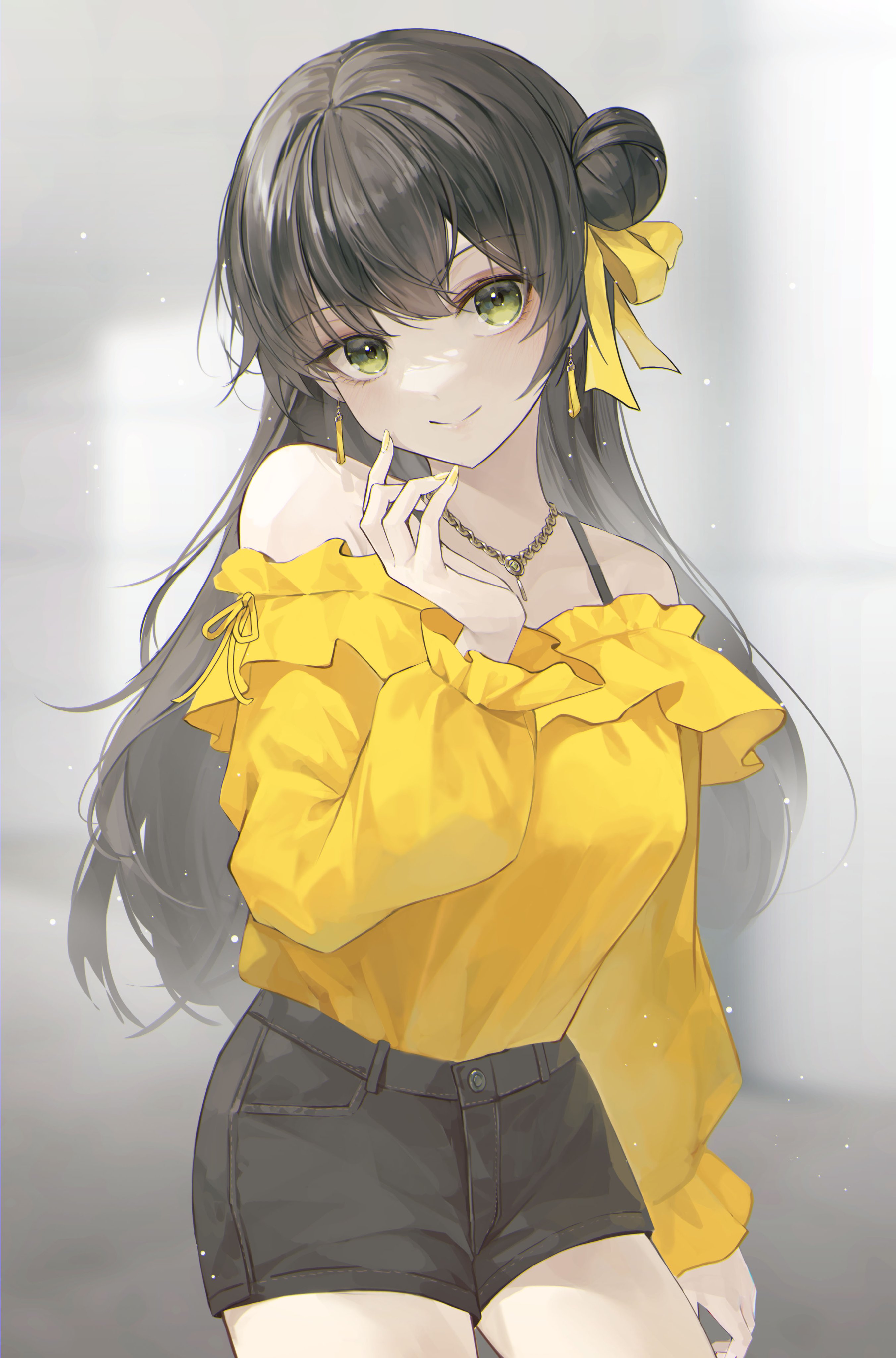 Anime 2704x4096 anime anime girls digital art artwork petite looking at viewer portrait portrait display shorts short shorts closed mouth smiling bare shoulders 2D CrystalHerb necklace hairbun minimalism simple background earring American shot standing green eyes dark hair long hair yellow shirt blurred blurry background