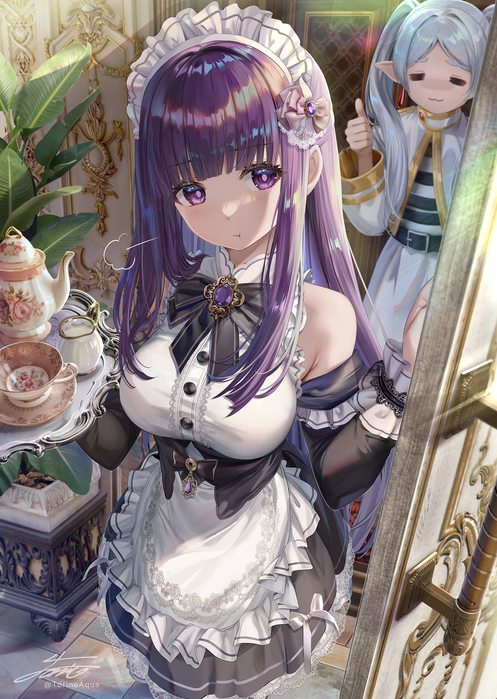 Anime 1600x2249 Sousou No Frieren maid portrait display anime girls Frieren women indoors Fern (Sousou No Frieren) maid outfit Torino Akua signature watermarked closed eyes purple hair purple eyes twintails hand gesture long hair pointy ears headdress pouting thumbs up