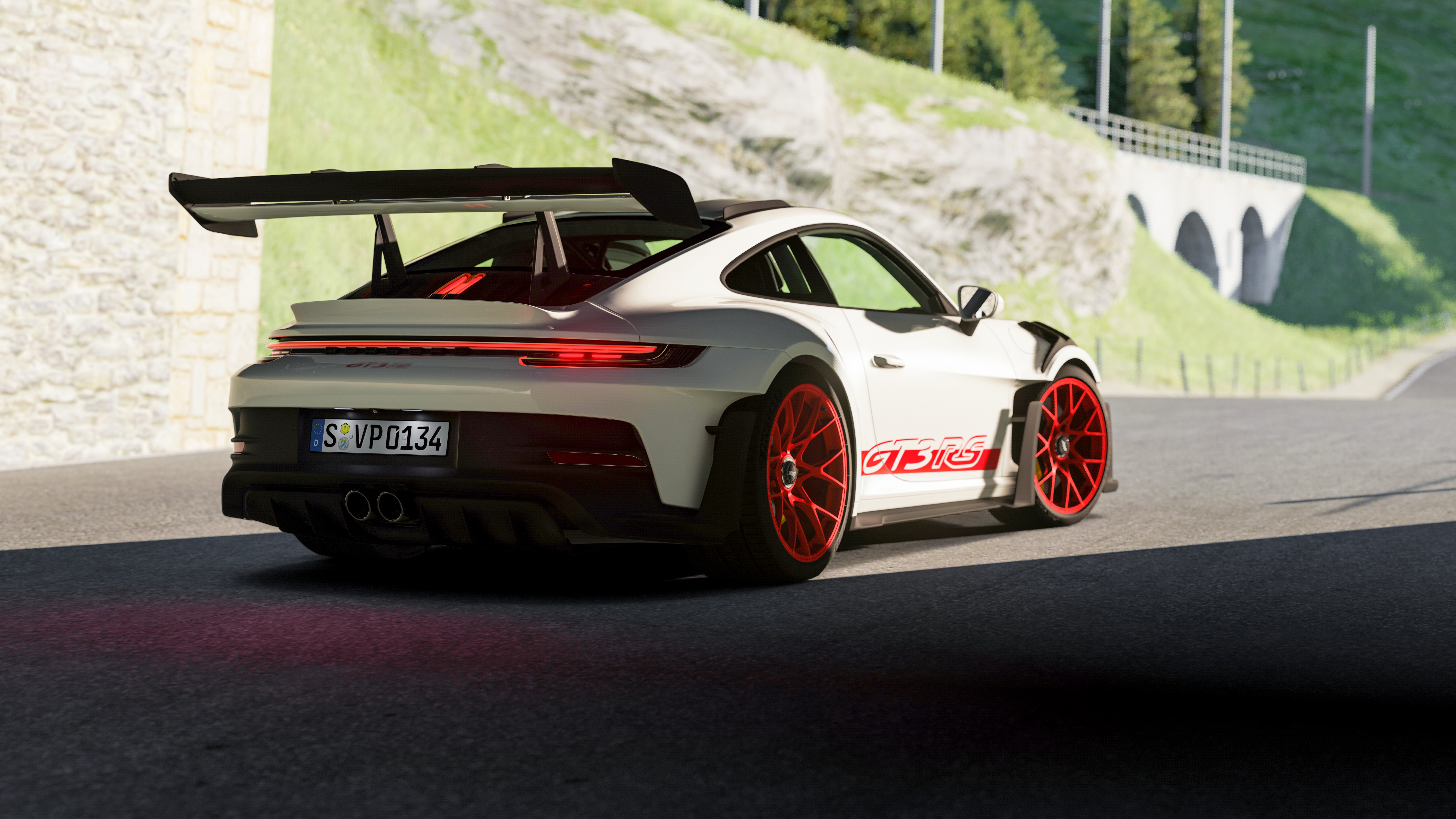General 7680x4320 Porsche 992 GT3 RS car PC gaming digital art video games rear view licence plates taillights video game art screen shot sunlight road CGI vehicle Assetto Corsa depth of field