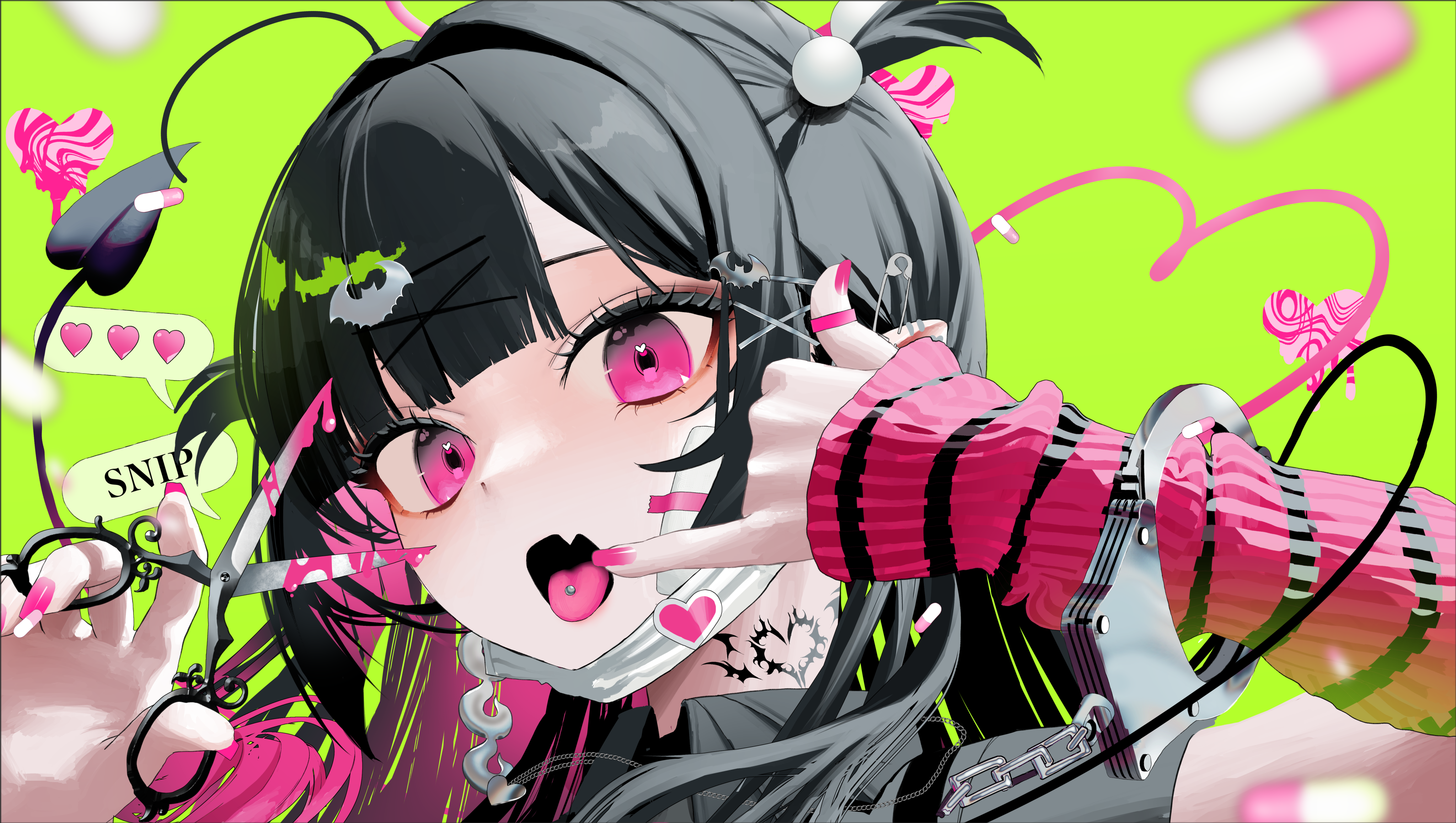 Anime 4096x2317 anime anime girls scissors open mouth green background pills nail polish pink nails handcuffs handcuffed mask tongue out pierced tongue tattoo long hair pink eyes heart (tattoo) earring long earrings stickers blunt bangs black hair demon girls demon tail tongues looking at viewer simple background chains minimalism ear piercing bandages Aoishi Pachira two tone hair piercing painted nails