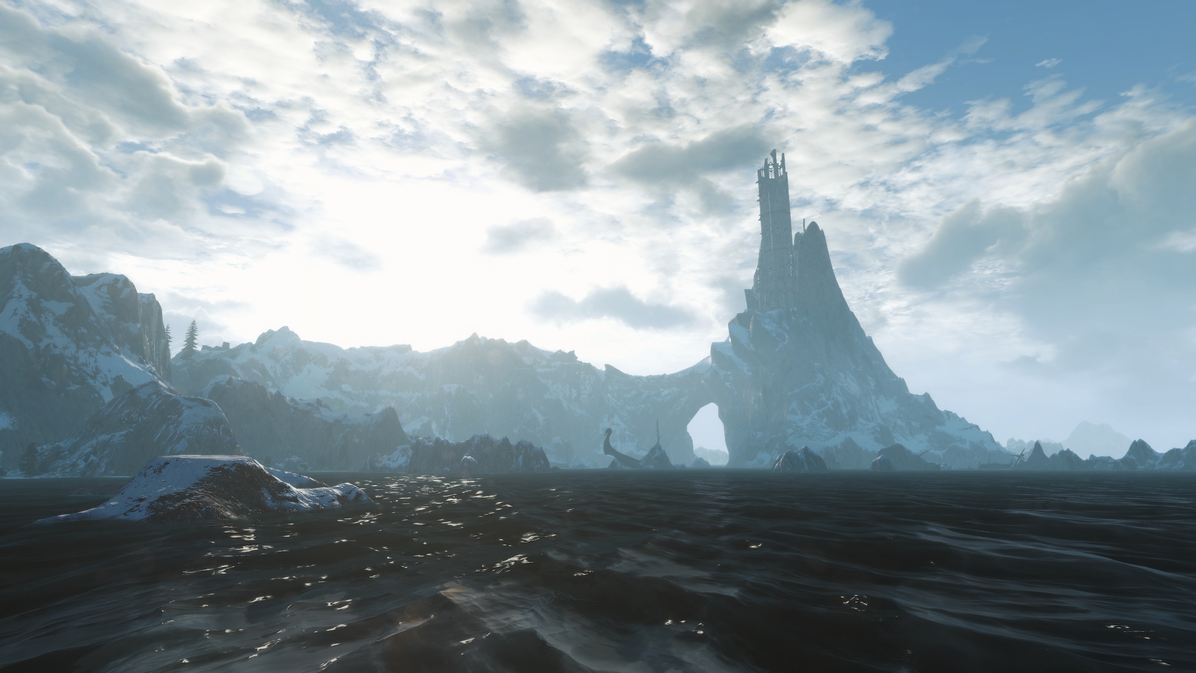 General 3840x2160 The Witcher 3: Wild Hunt PC gaming screen shot Skellige tower rocks video game art clouds video games sunlight sky water CGI sea snow nature