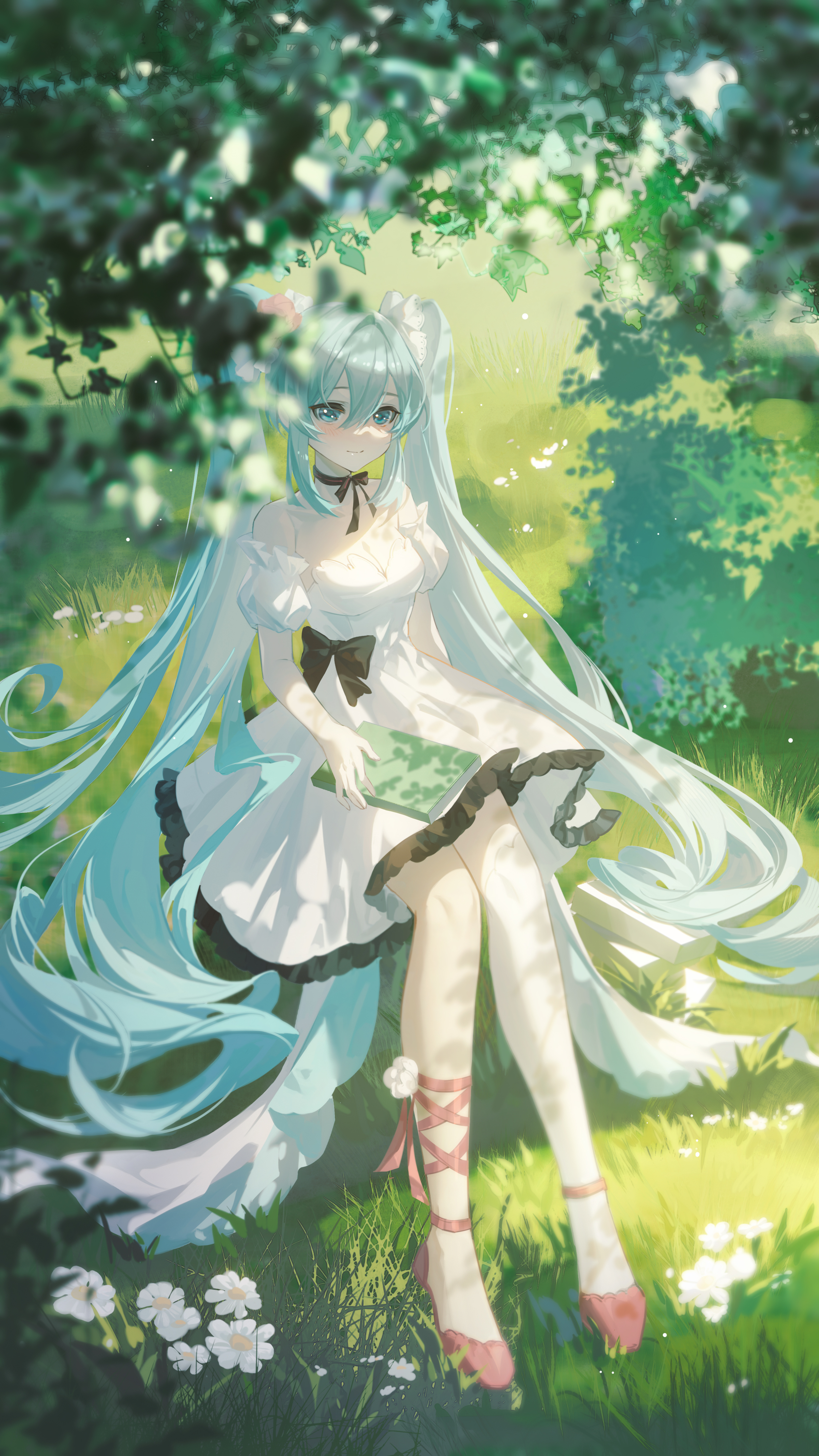 Anime 2500x4444 Hatsune Miku anime Vocaloid portrait display looking at viewer sitting anime girls sunlight long hair twintails hair between eyes smiling closed mouth grass leaves flowers dress frills bare shoulders outdoors women outdoors hair ornament no socks dappled sunlight choker cyan hair blue eyes
