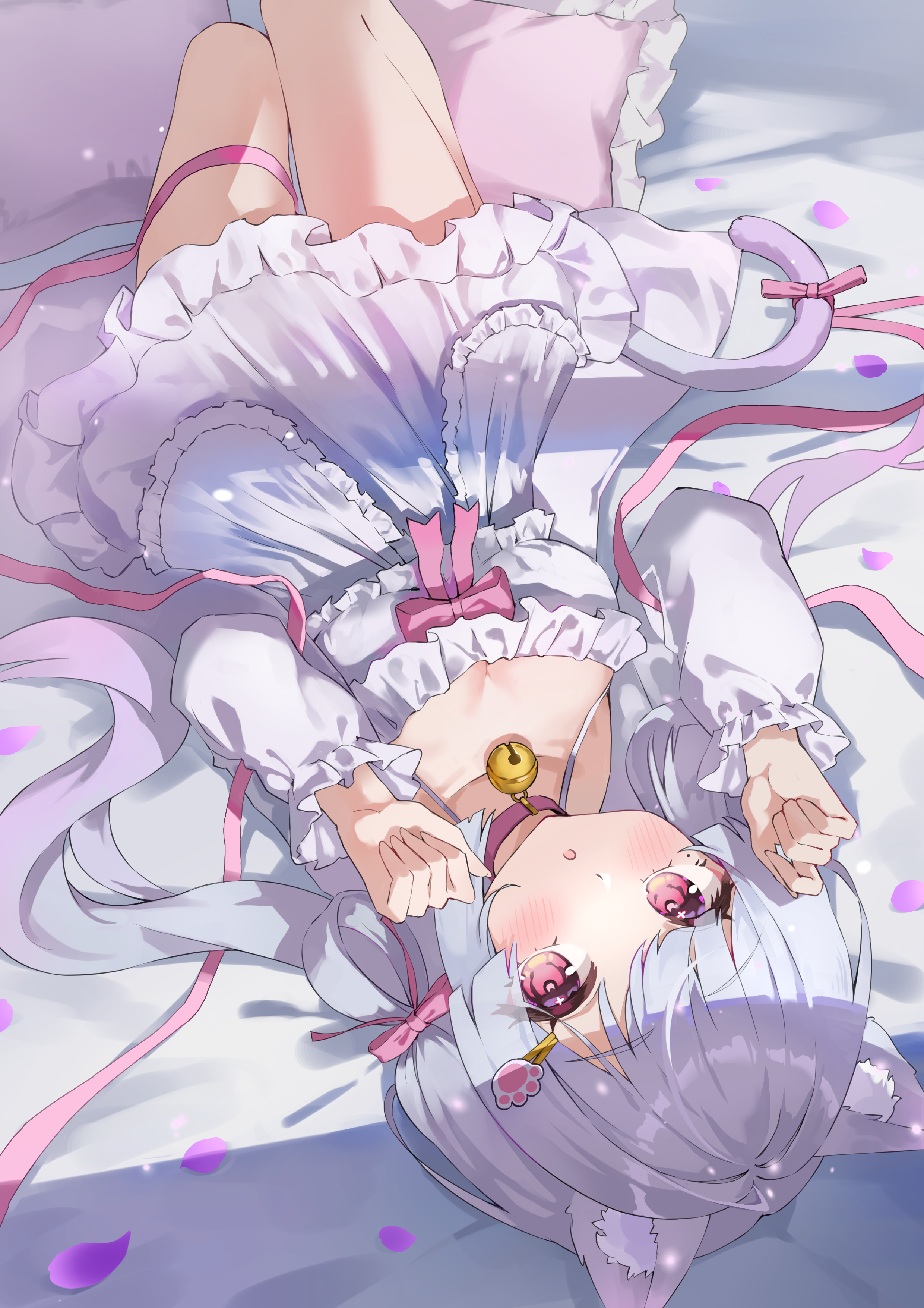 Anime 2480x3508 anime anime girls portrait display Nitoron lying down lying on back looking at viewer blushing collarbone open mouth choker bells frills long hair gradient hair two tone hair cat girl cat ears cat tail ribbon pink ribbon hair clip frill dress petals long sleeves