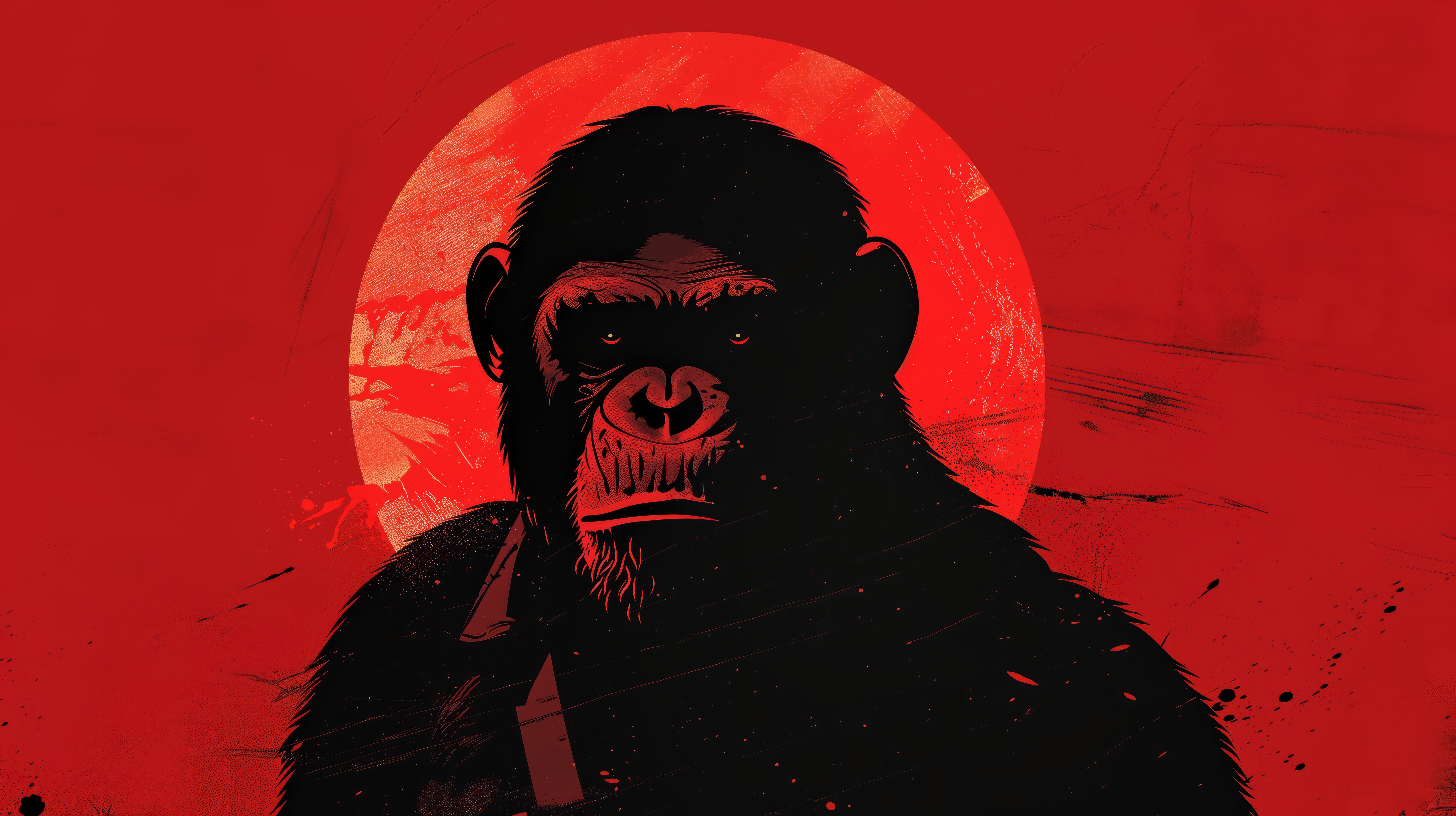 General 5824x3264 AI art illustration Planet of the Apes Ape red looking at viewer digital art animals red background face