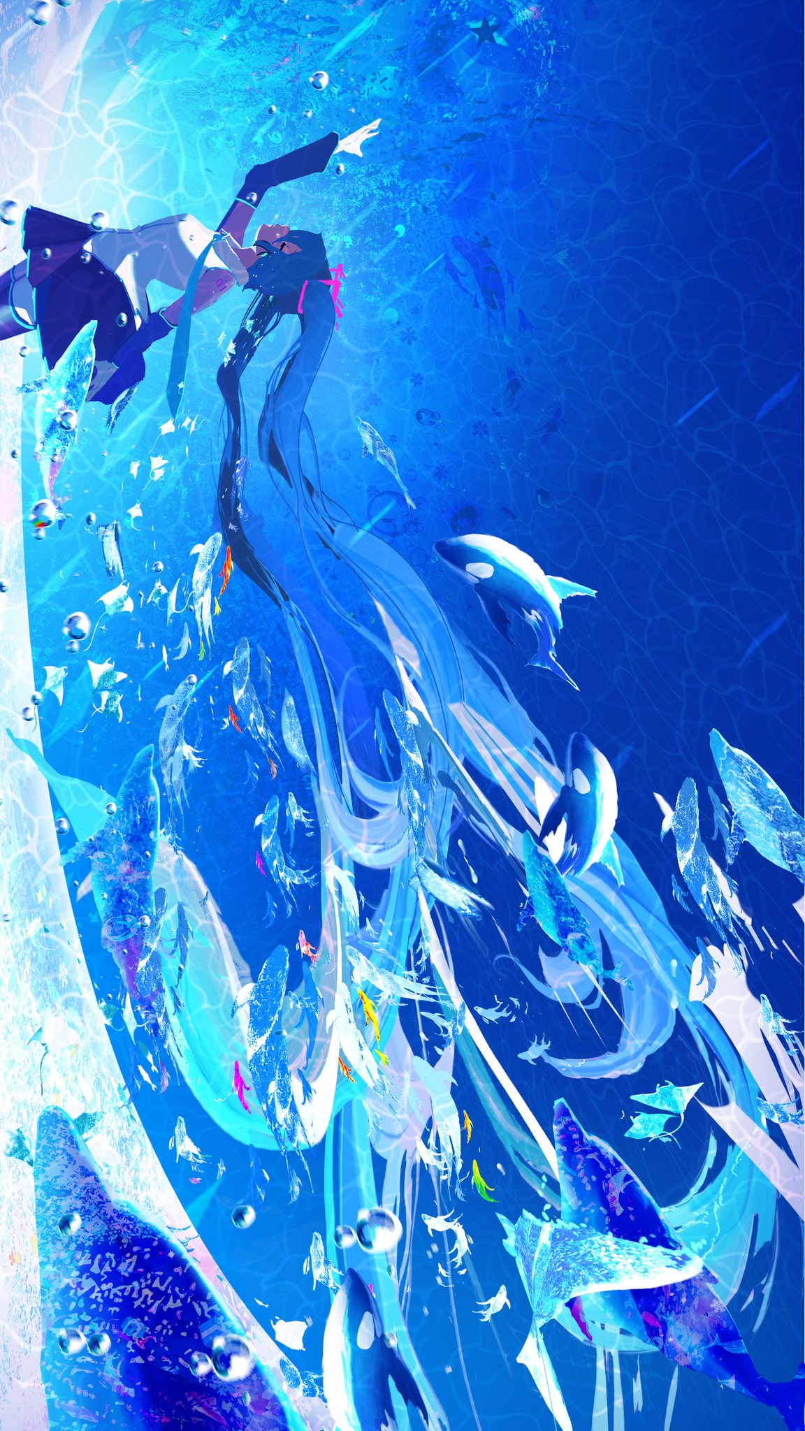 Anime 1152x2048 anime anime girls Hatsune Miku Vocaloid makoron117 long hair portrait display blue hair detached sleeves animals water drops closed eyes water skirt twintails orca dolphin fish standing sleeveless frills thigh-highs blue background blue