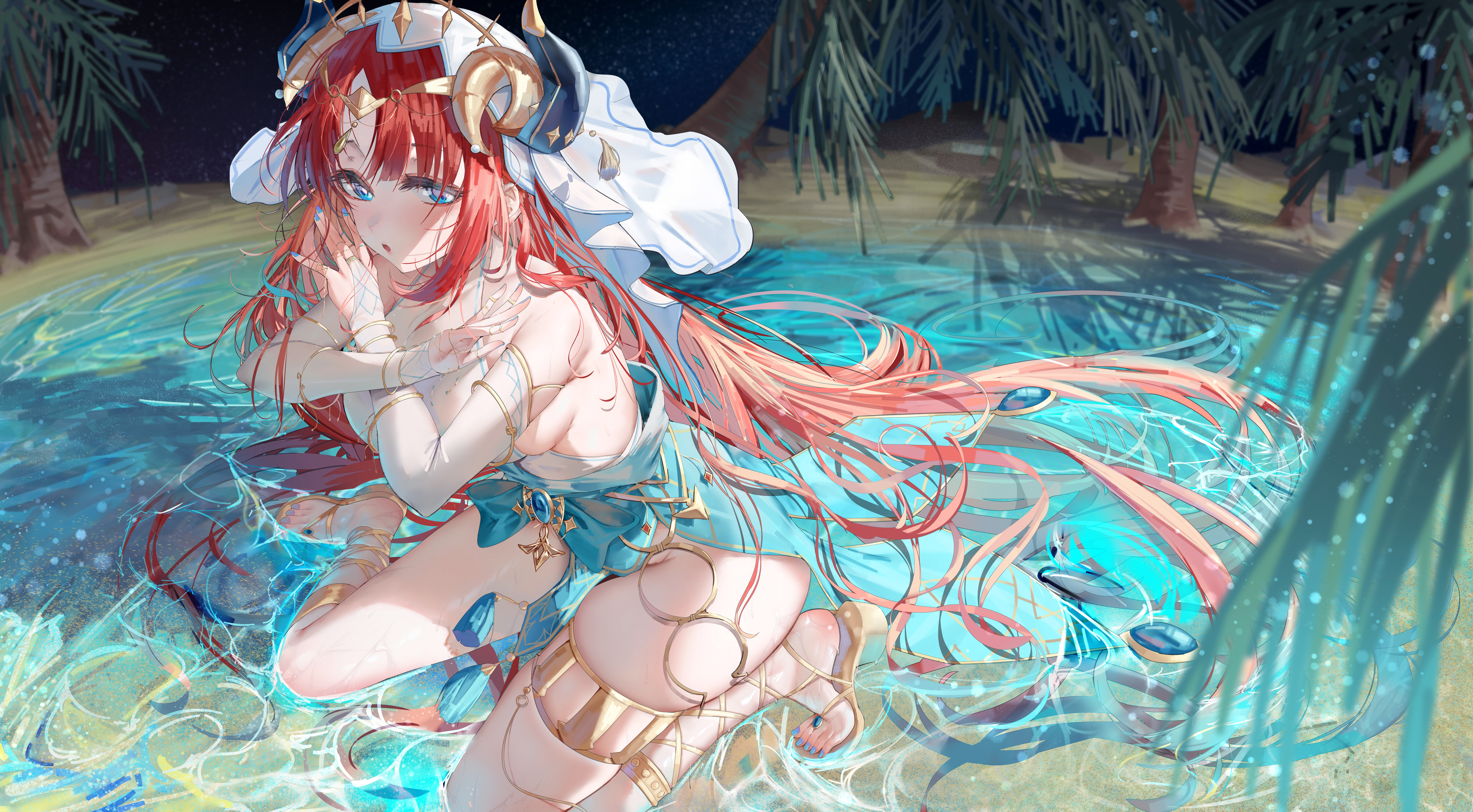 Anime 4386x2419 anime anime girls Nilou (Genshin Impact) Genshin Impact Uaxa looking at viewer redhead blue nails painted nails blue hair shallow water long hair wariza bent legs open mouth bare shoulders water painted toenails trees leaves gemstones skindentation horns detached sleeves oasis heels desert