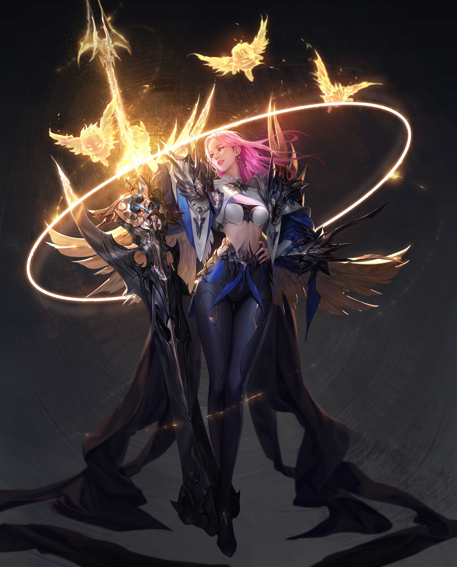 General 1920x2380 TaeKwon Kim drawing women pink hair greatsword gold portrait display digital art simple background armor sword women with swords long hair parted lips earring hands on hips looking away belly standing minimalism weapon