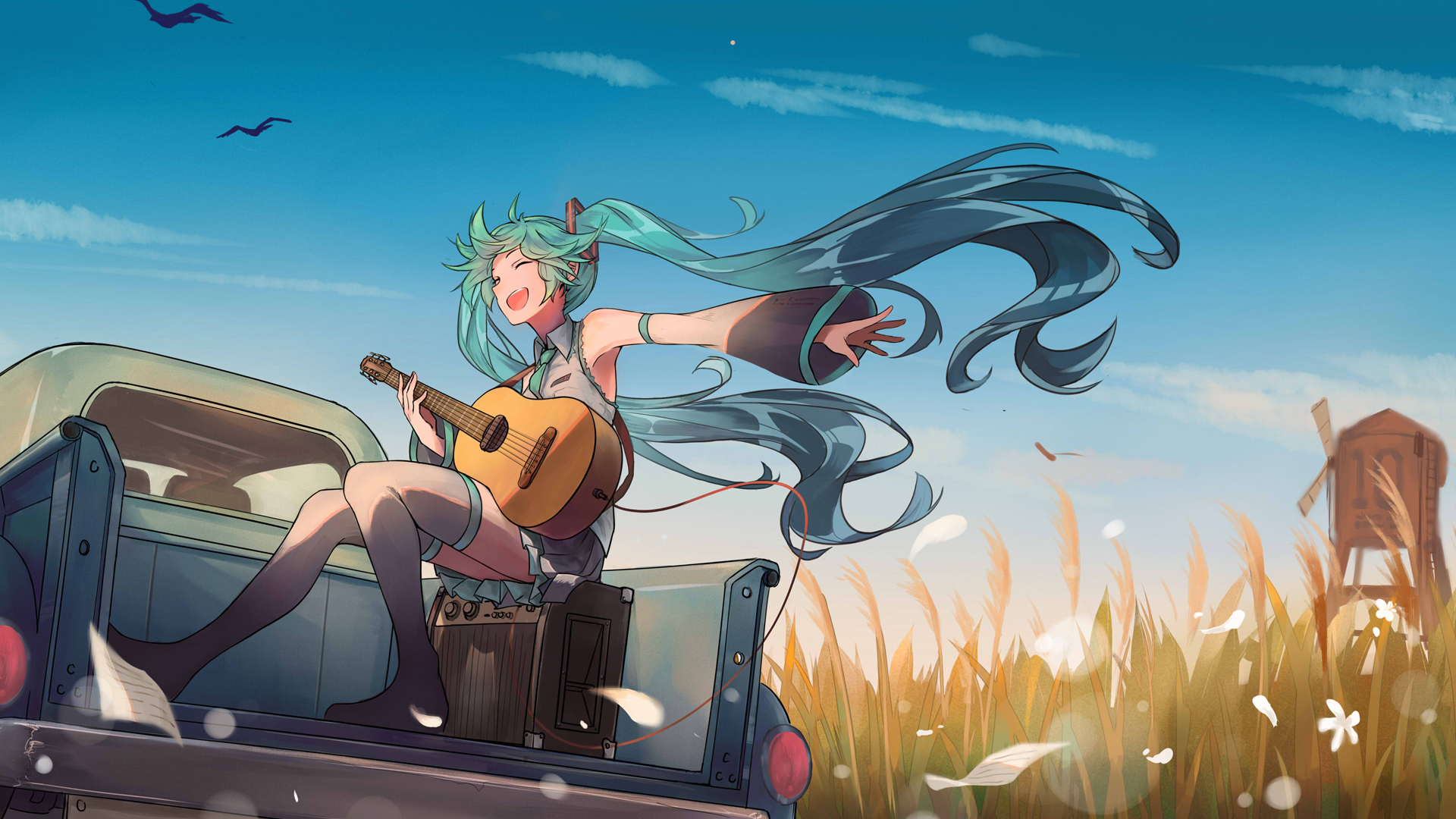 Anime 1920x1080 anime anime girls Hatsune Miku Vocaloid outdoors women outdoors closed eyes open mouth hair blowing in the wind sky musical instrument guitar clouds paper blue hair detached sleeves sitting thigh-highs smiling sunlight wind wide sleeves truck