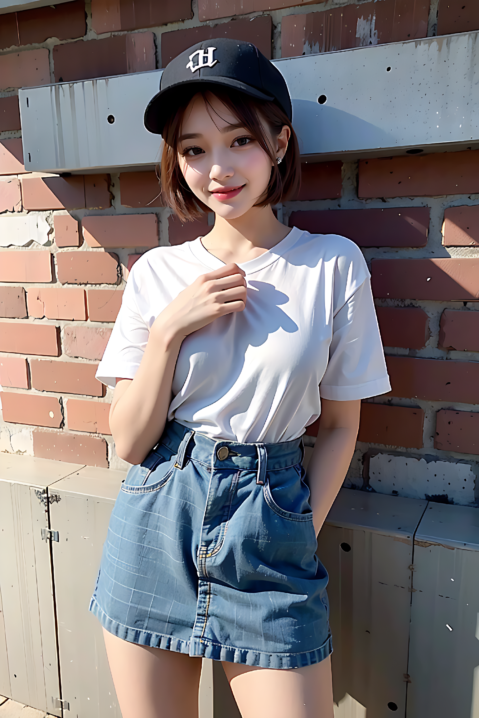 General 1536x2304 hat red lipstick legs hair   looking at viewer AI art Maharaga short sleeves T-shirt white shirt standing by the wall closed mouth long skirt collarbone sunlight women bricks women with hats Asian portrait display