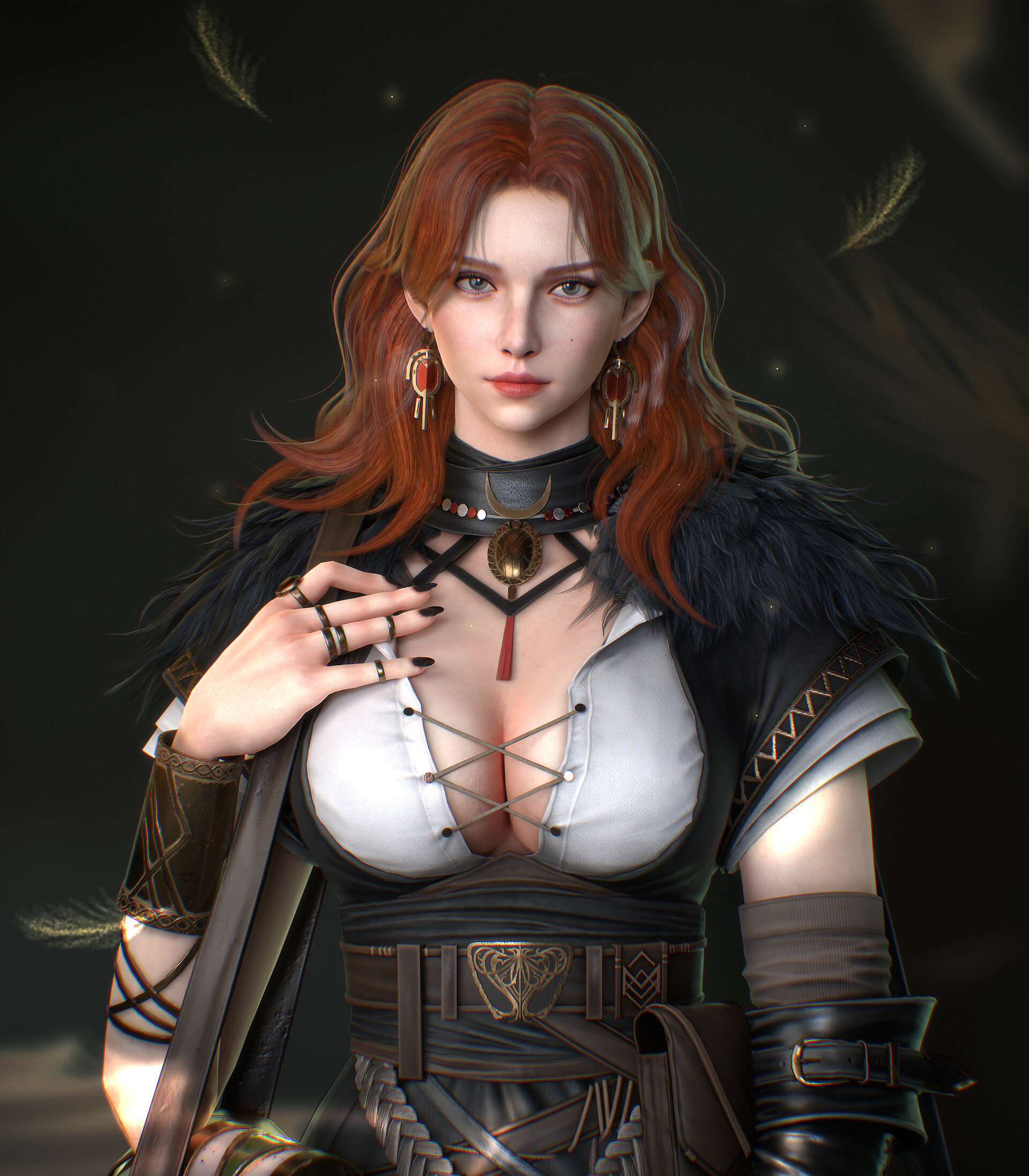 General 1920x2194 Kim Subeen CGI women redhead fur portrait display digital art looking at viewer long hair closed mouth cleavage black nails painted nails hands on chest standing blue eyes leaves earring boobs rings