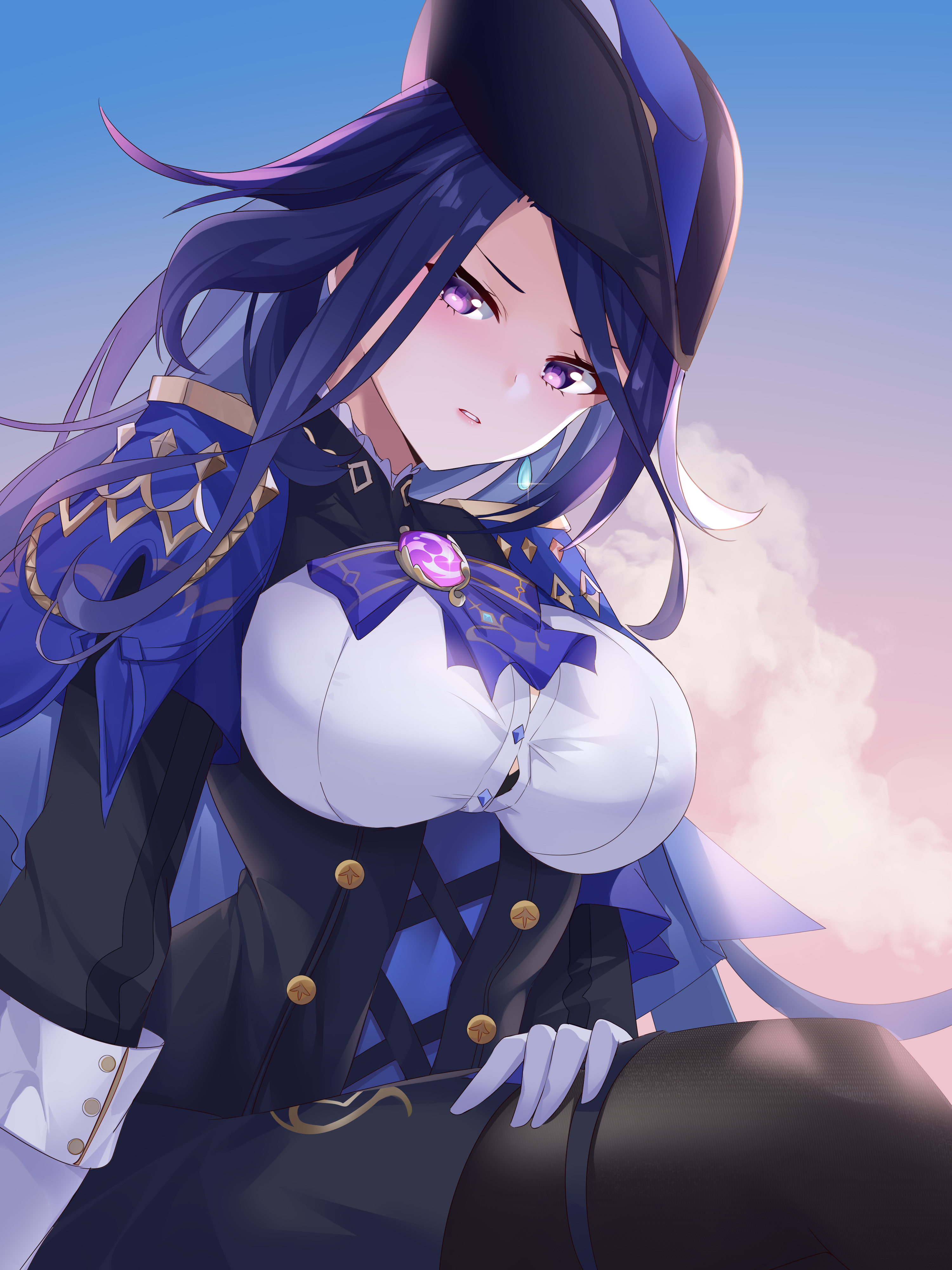 Anime 3000x4000 anime anime girls Clorinde (Genshin Impact) Genshin Impact long hair Lingshalan parted lips purple hair purple eyes hand on thigh clouds hat women with hats tricorne portrait display gloves white gloves capelet big boobs ascot looking at viewer black pantyhose pantyhose corset sky uniform