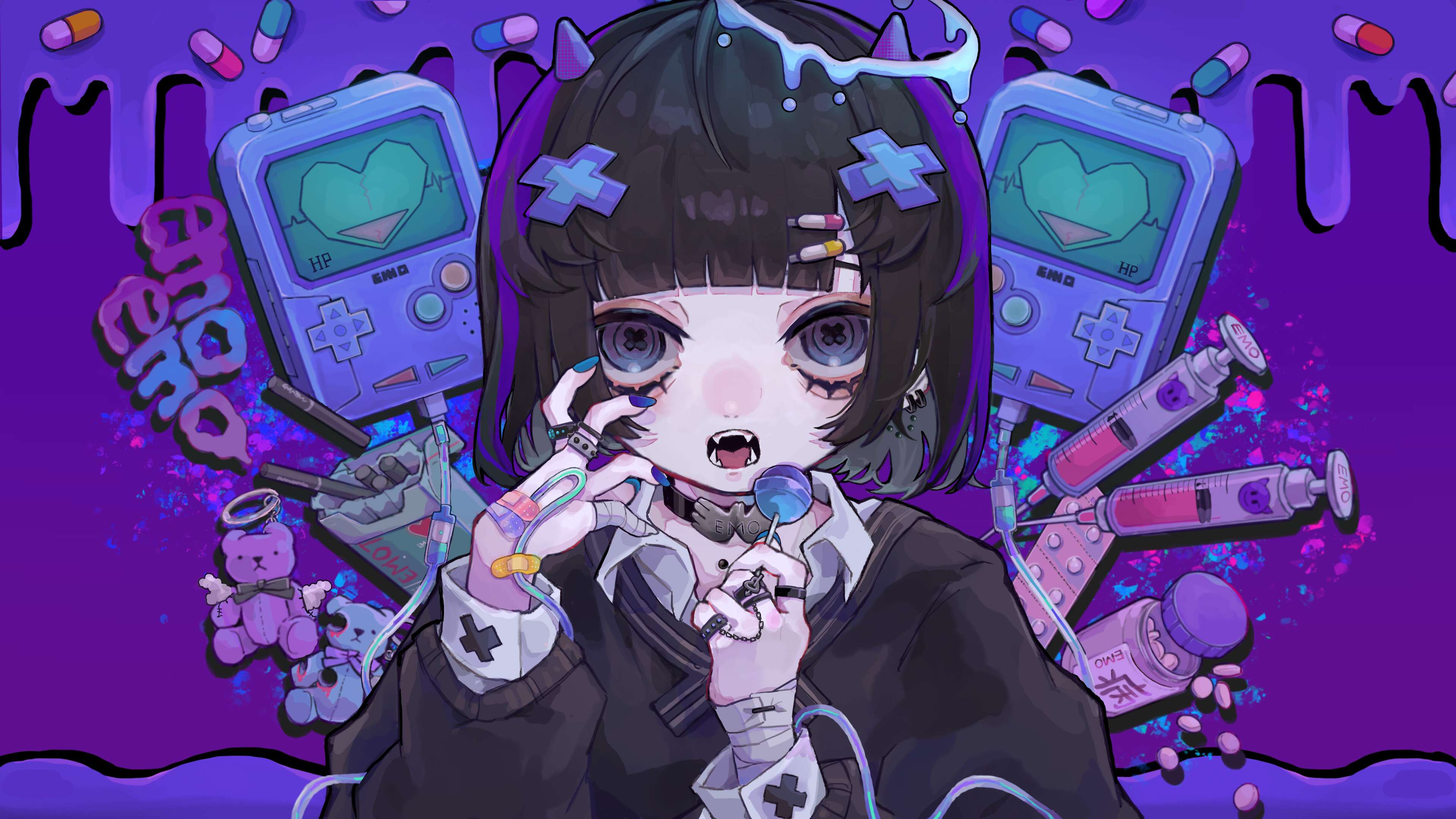 Anime 3840x2160 tira27 anime solo black hair short hair purple eyes open mouth lollipop patch  teddy bears white shirt bandaged arm bandages horns choker rings pierced ear earring emo looking at viewer consoles band-aid hair ornament needles anime girls syringe pills cigarettes long nails pointy teeth