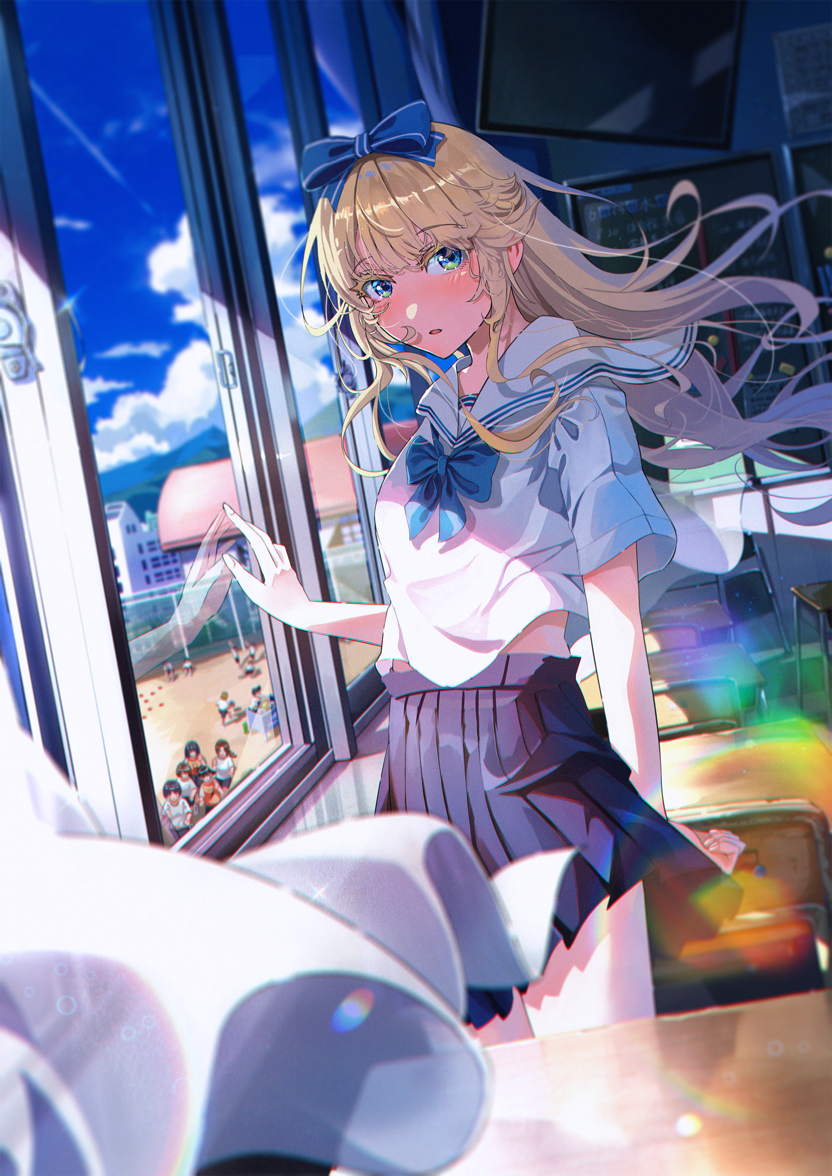 Anime 1684x2381 anime anime girls Sakatsuki Yakumo clouds schoolgirl school uniform hair blowing in the wind bow chair desk looking at viewer standing classroom chalkboard long hair hair bows curtains sunlight by the window window TV sky blue eyes blonde arm(s) behind back multi-colored eyes skirt reflection contrails parted lips bow tie blushing sailor uniform frills portrait display