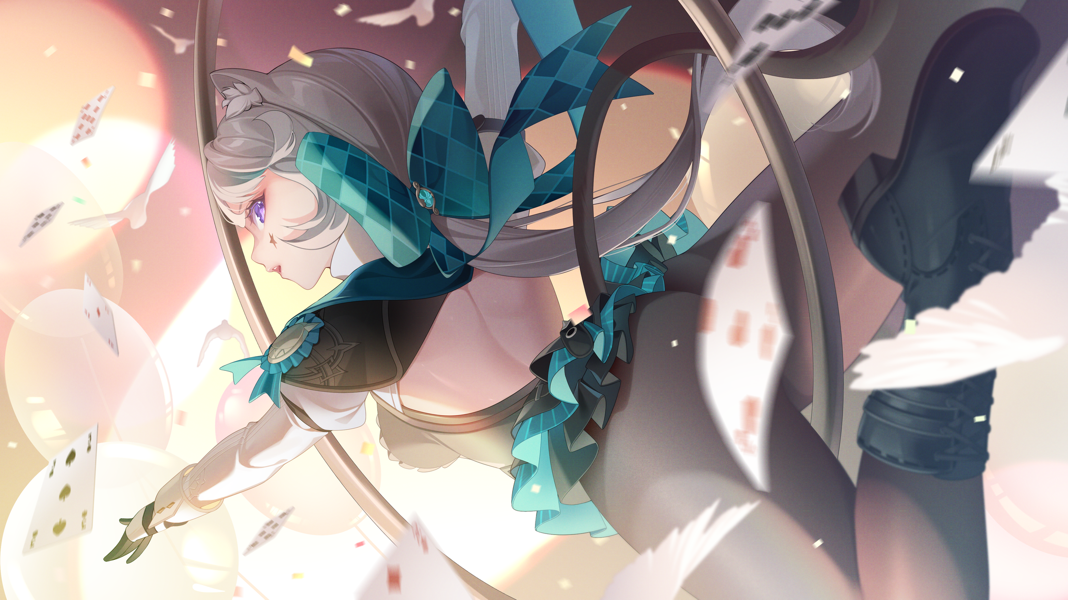 Anime 2100x1181 anime anime girls Lynette (Genshin Impact) Genshin Impact long hair minzieart looking back looking at viewer cards purple eyes gray hair open mouth cat girl cat ears gemstones bow strategic covering pantyhose cat tail frills skirt back