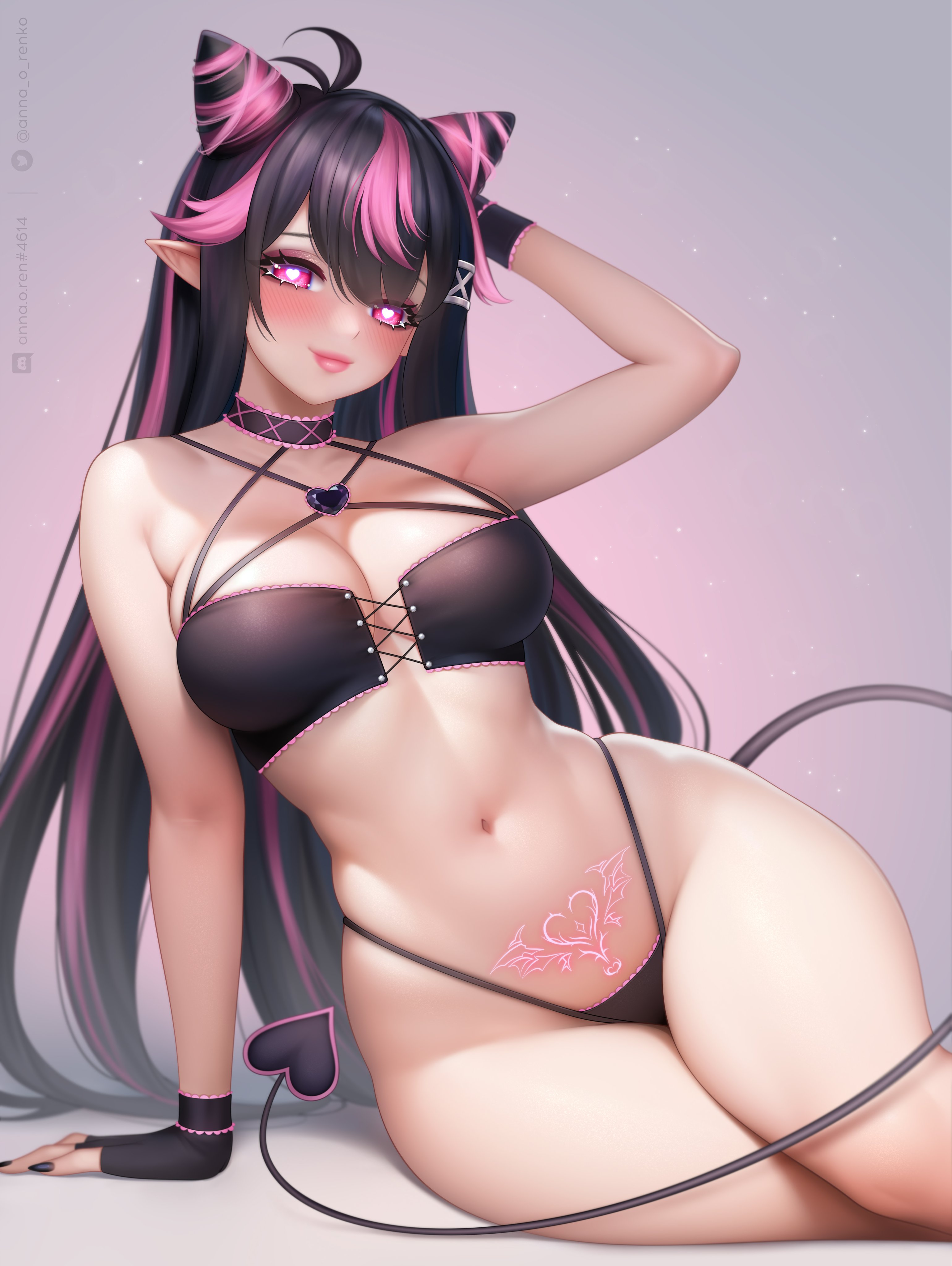 Anime 3080x4096 anime anime girls original characters two tone hair pink eyes heart eyes womb tattoo Anna O Renko tail demon tail demon girls bikini black bikinis belly belly button gloves fingerless gloves long hair portrait display blushing pointy ears arm support boobs looking at viewer smiling thighs together on the floor floor bare shoulders one arm up thighs