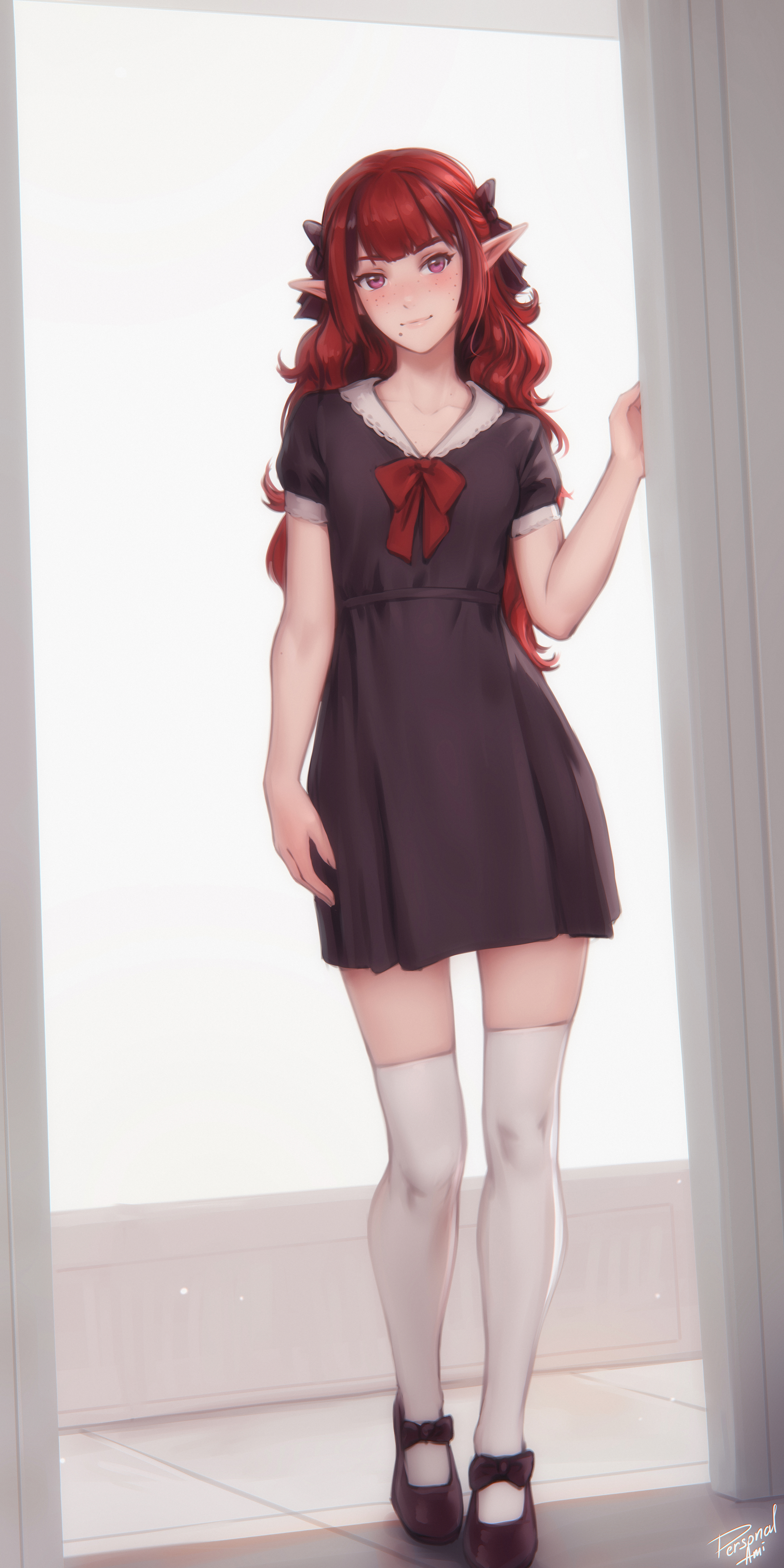 Anime 3500x7000 Fleur LaDouce (OC) original characters fantasy girl artwork drawing Personal ami anime anime girls frontal view standing doorways redhead signature portrait display looking at viewer smiling mole under mouth moles long hair closed mouth collarbone stockings blunt bangs hair ribbon floor pointy ears
