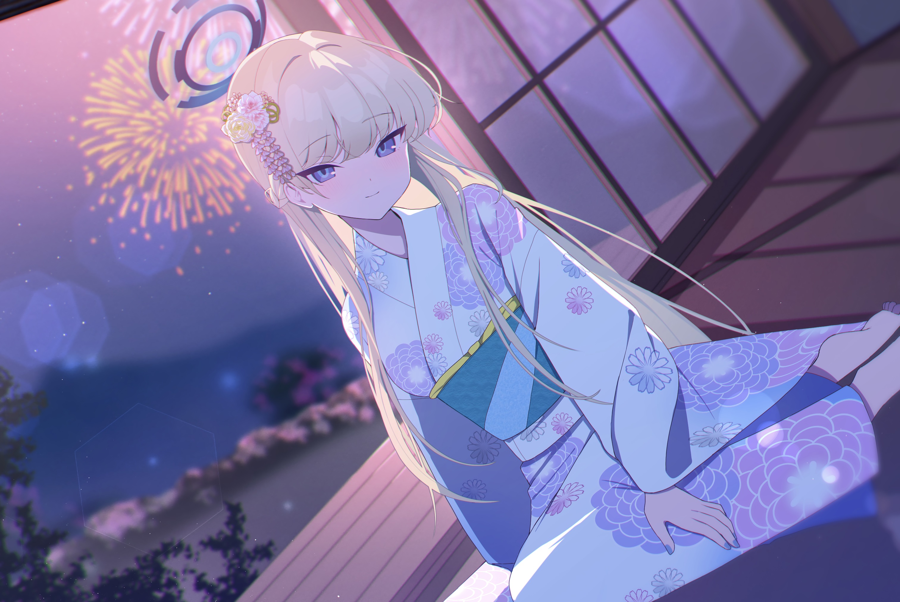 Anime 3025x2025 anime anime girls Asuma Toki (Blue Archive) Blue Archive fireworks kimono flower in hair looking at viewer smiling blonde blue eyes blushing night blurred blurry background long hair sky
