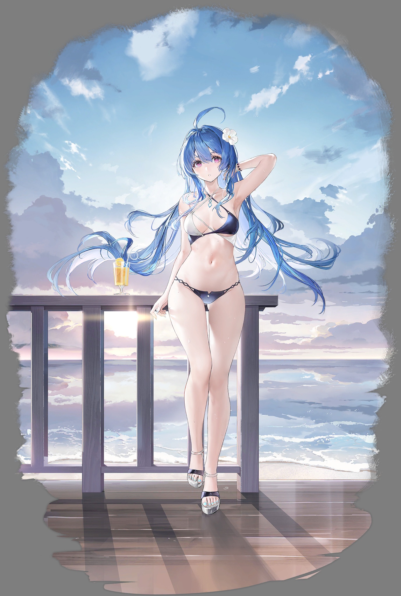 Anime 1377x2044 Azur Lane swimwear anime girls portrait display Helena (Azur Lane) drink looking at viewer ahoge pink hair blue eyes Haori Iori cocktails belly button belly sky flower in hair hibiscus clouds white flowers sea transparent background hair blowing in the wind cleavage sandals bracelets big boobs hand(s) in hair armpits long hair black bikinis frontal view cyan nails beach women outdoors simple background legs