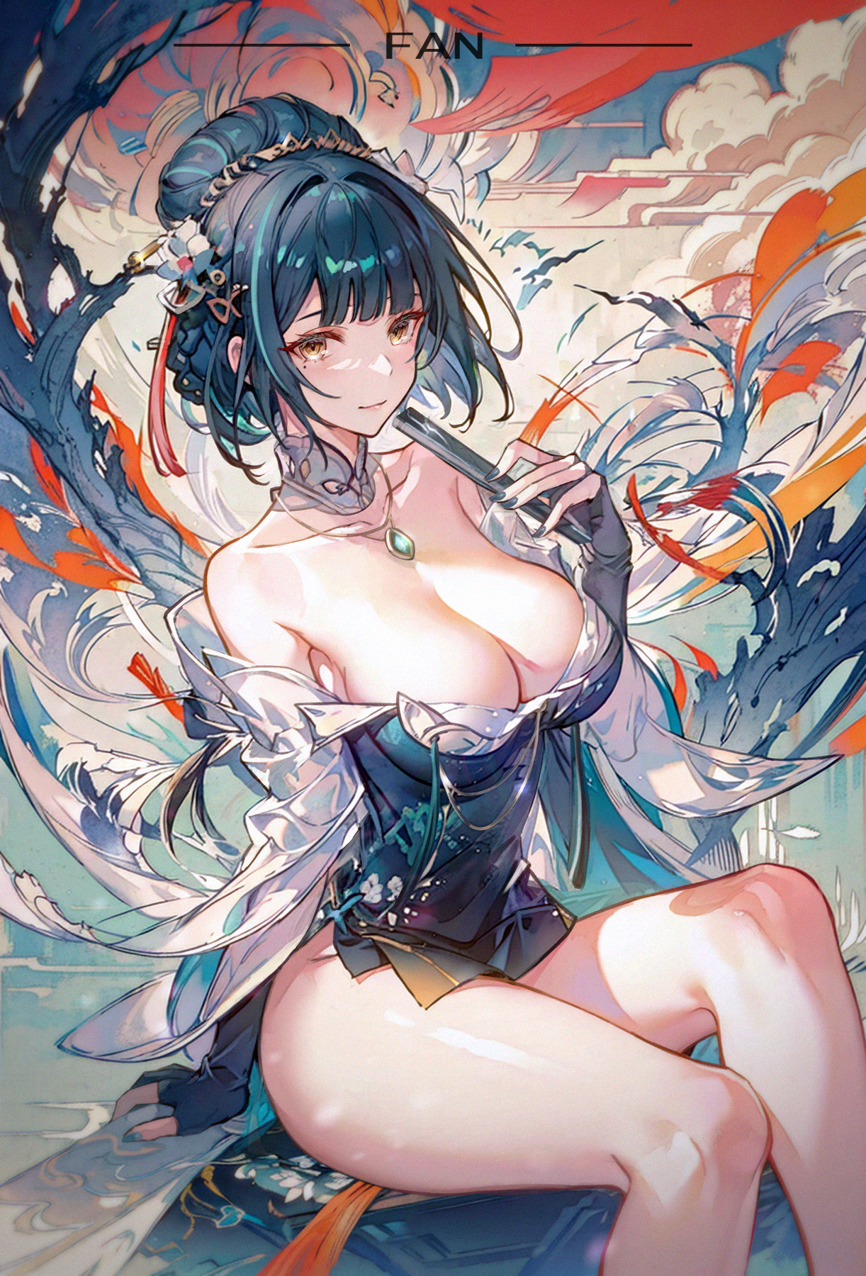 Anime 1222x1800 Punishing: Gray Raven fans Hanying (Punishing: Gray Raven) 7 n detached sleeves yellow eyes big boobs cleavage hair ornament chinese clothing dress chinese dress sitting looking at viewer moles mole under eye gems gloves fingerless gloves strapless dress thighs arm support hairpins bare shoulders clouds solo nopan no bra