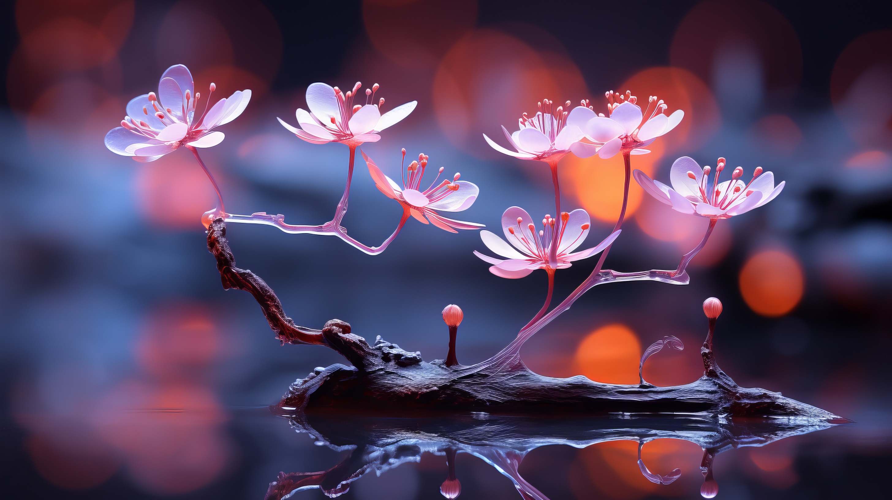 General 2912x1632 AI art closeup flowers bokeh reflection water blurred blurry background digital art