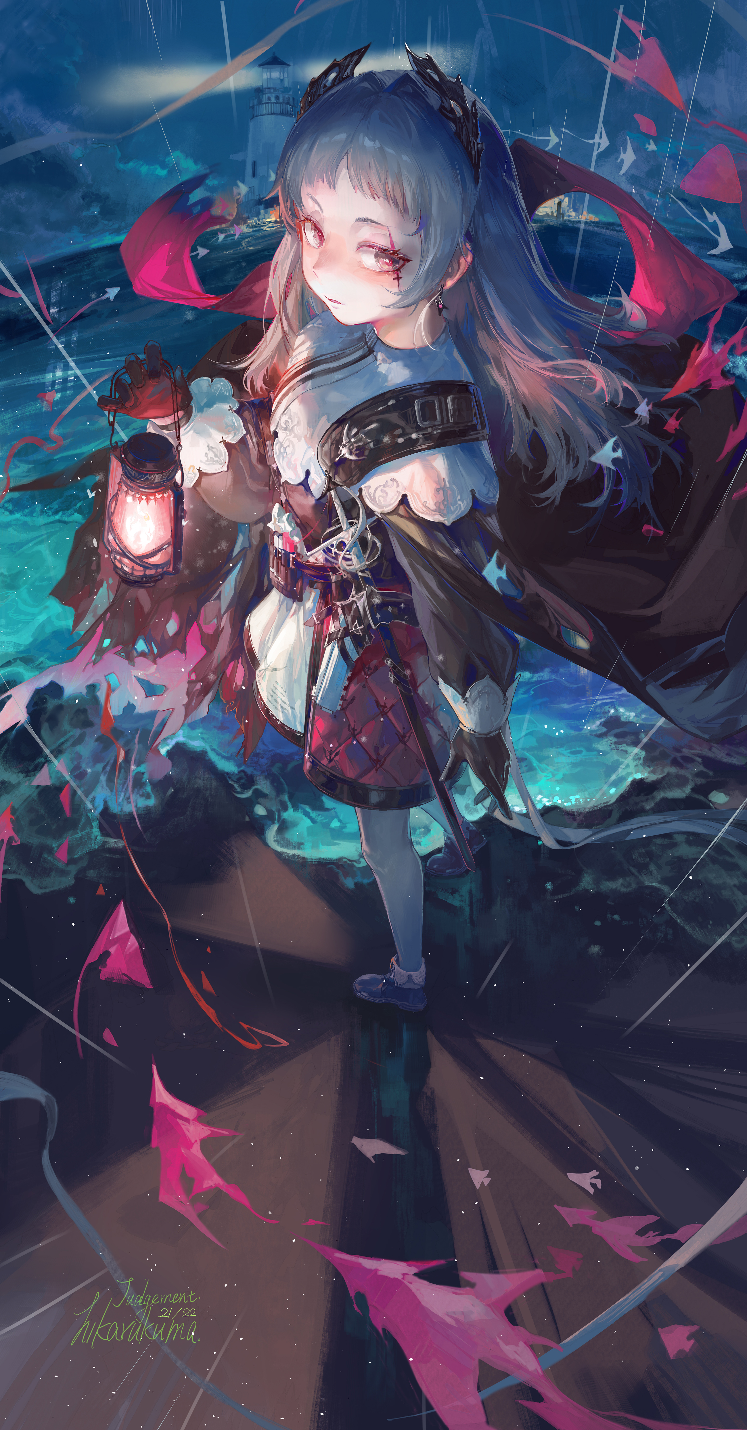 Anime 2598x4969 Arknights Irene (Arknights) portrait display anime girls long hair looking at viewer lantern gloves standing signature weapon sword lighthouse water rain earring