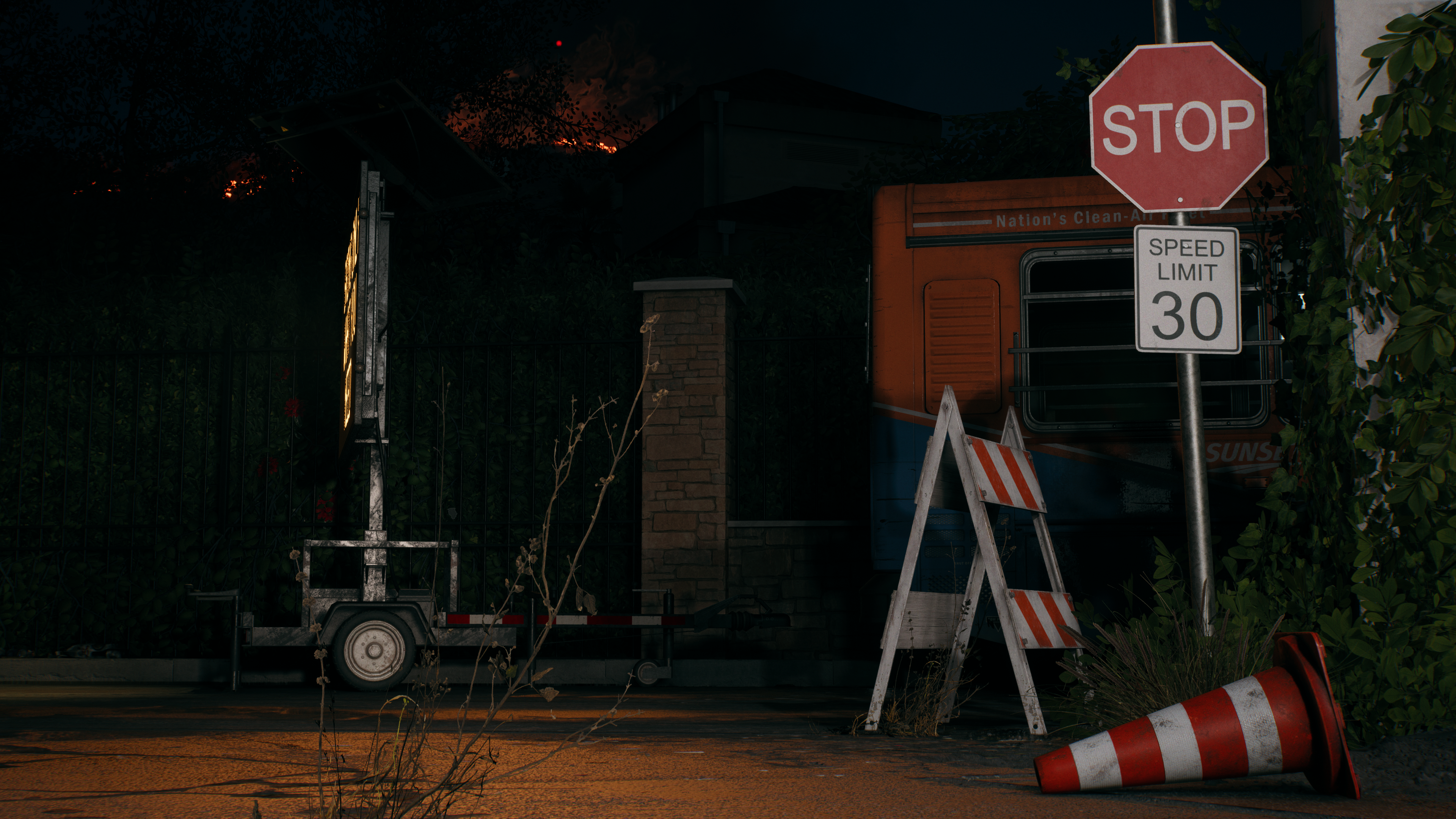 General 3840x2160 Dead Island 2 Nvidia RTX video games CGI sign stop sign night traffic cone leaves