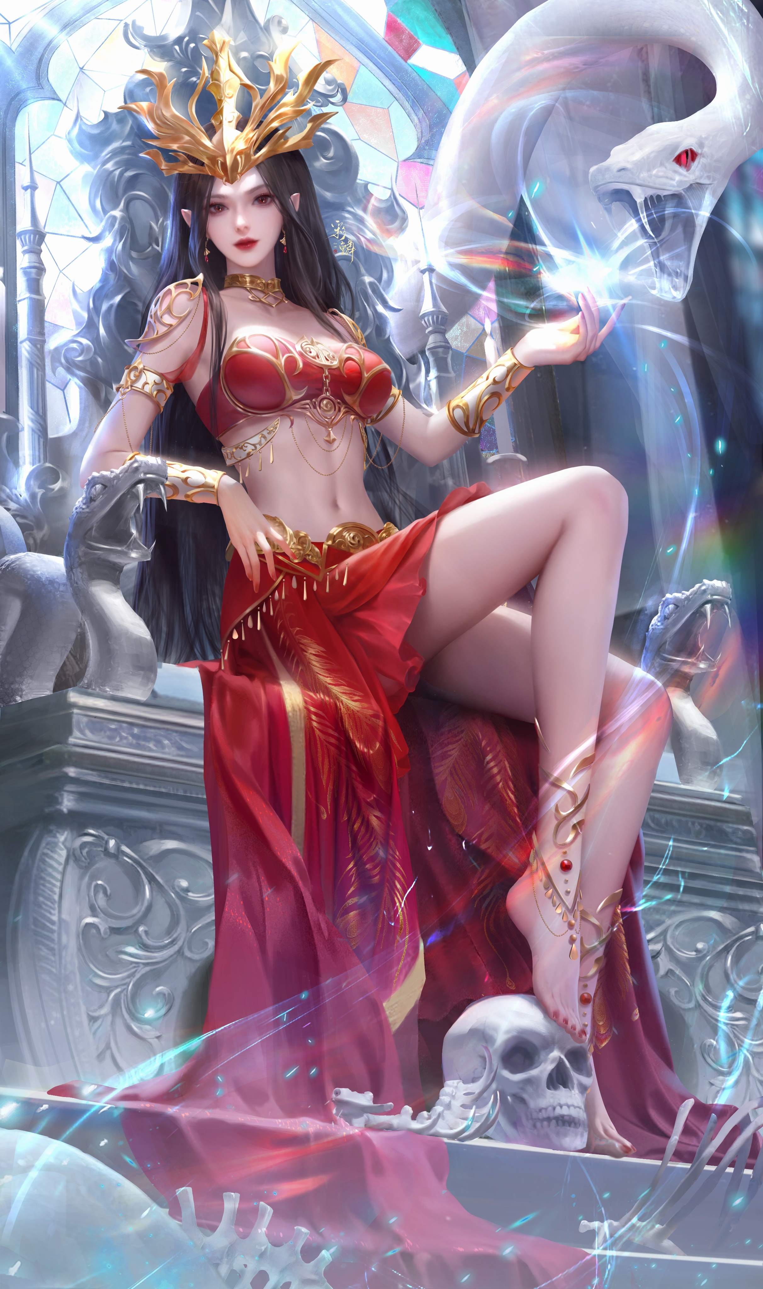 General 2424x4096 DouPoCangQiong snake Cai Lin (Doupo Cangqiong) portrait display bare midriff pointy ears red clothing belly button dark hair hair ornament anklet looking at viewer red skirt long hair throne legs skull barefoot closed mouth sunlight tiaras jewelry red bra Fupo Alian boobs sitting armlet animals spell