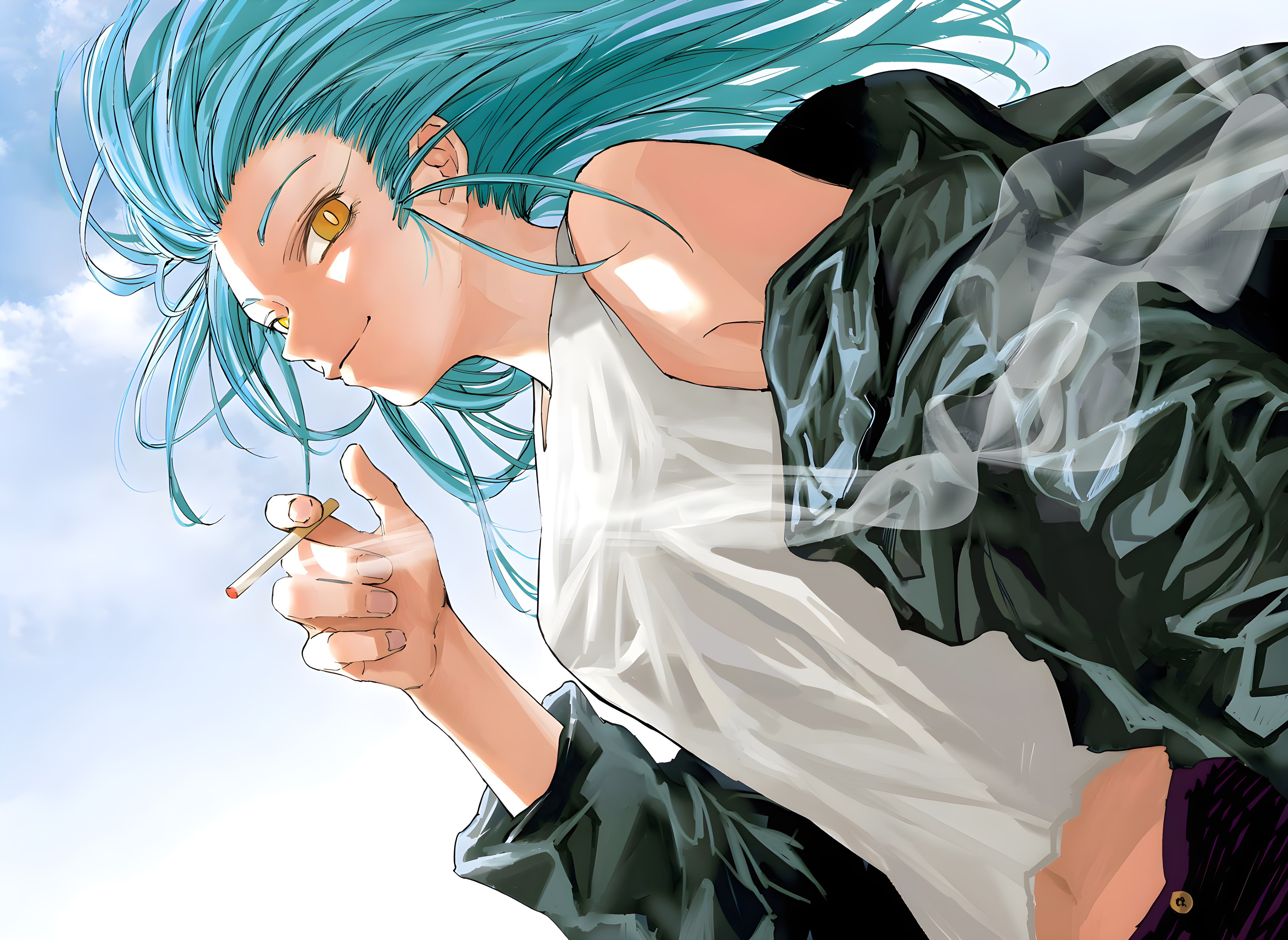 Anime 4096x2990 Sakamoto days anime anime girls cigarettes blue hair yellow eyes smoking smoke long hair looking at viewer smiling minimalism simple background sky clouds