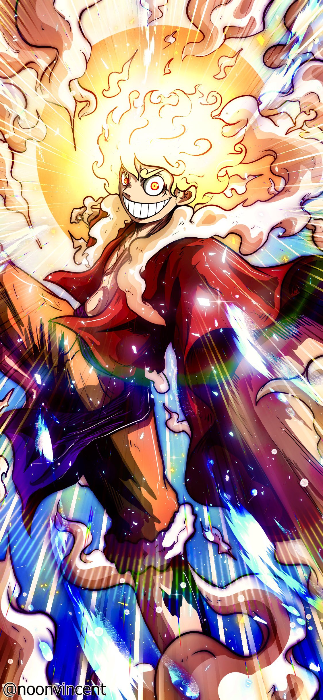 Anime 1125x2436 One Piece Monkey D. Luffy Gear 5th sun god nika vincentnoon anime boys portrait display smiling watermarked blonde looking at viewer teeth Sun