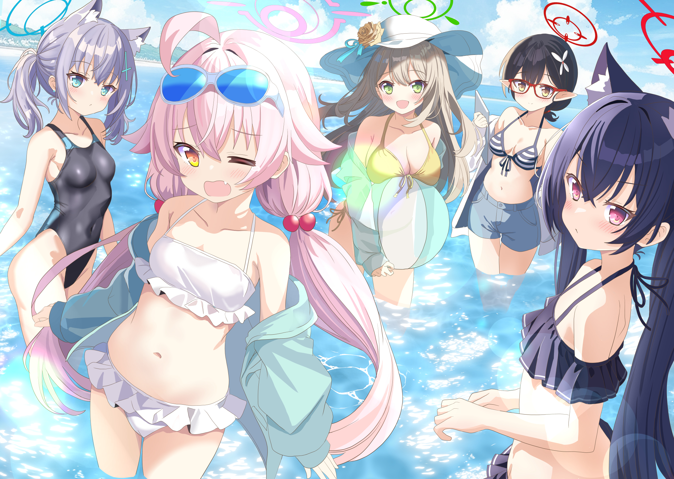Anime 2185x1553 anime anime girls Blue Archive swimwear one eye closed beach ball water standing in water long hair blushing open mouth sunglasses sky clouds sun hats looking at viewer cat ears cat tail twintails ponytail boobs bikini sunlight pointy ears glasses Shiroko (Blue Archive) Takanashi Hoshino (Blue Archive) Izayoi Nonomi (Blue Archive) Ayane (Blue Archive) Kuromi Serika (Blue Archive)