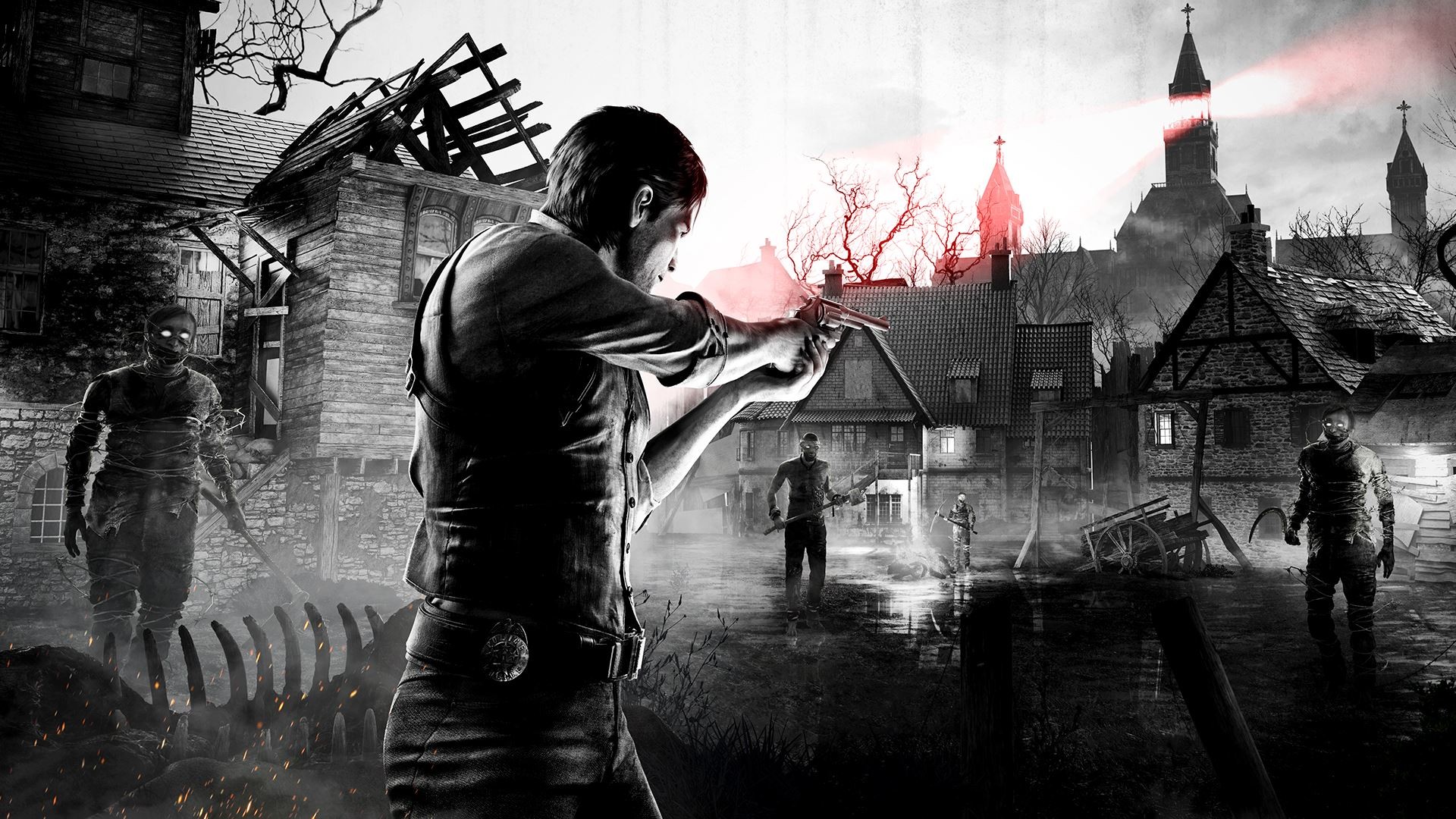 General 1920x1080 The Evil Within horror gun video game characters video game art monochrome video games building water glowing eyes