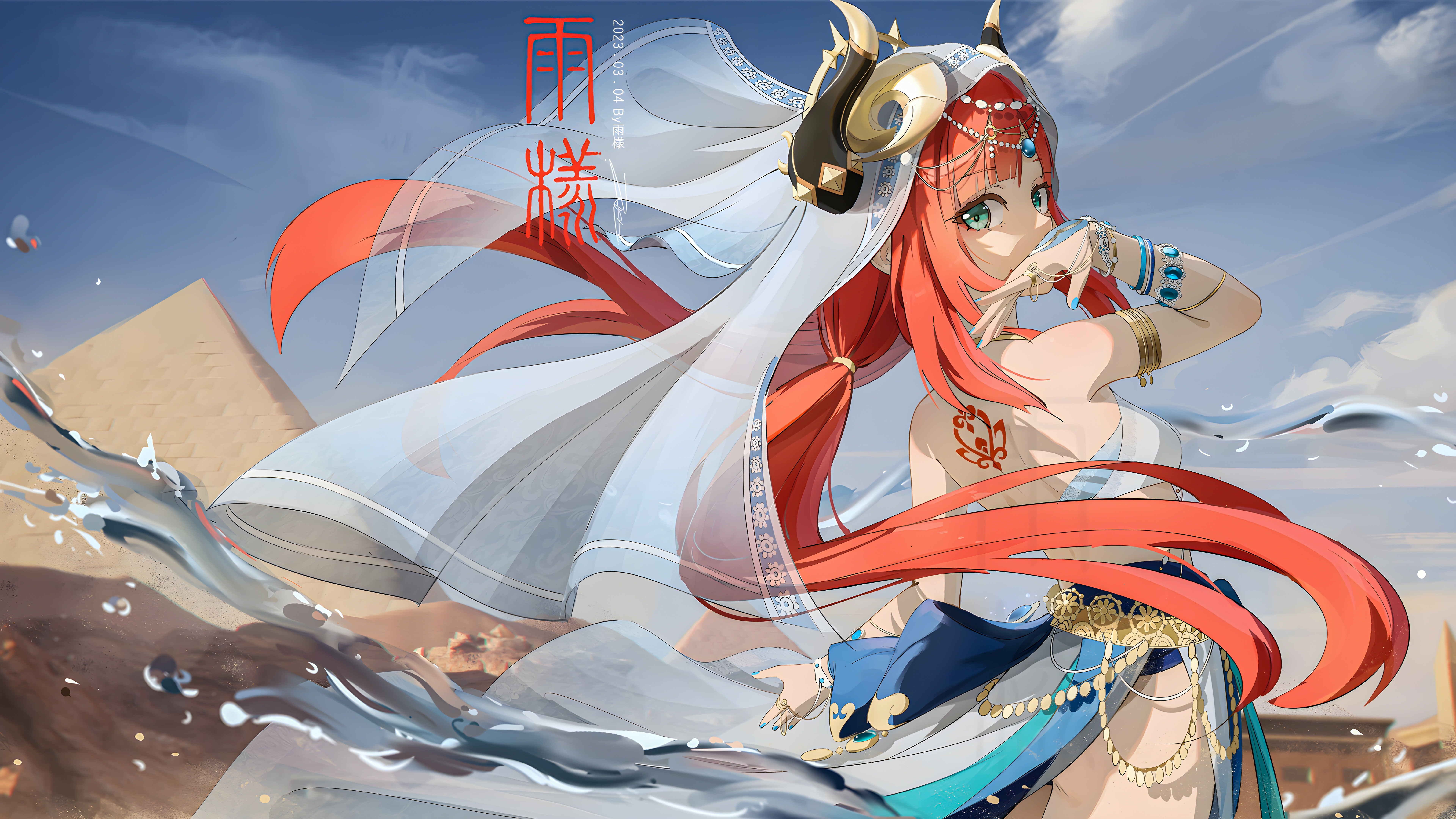 Anime 7680x4320 Nilou (Genshin Impact) Genshin Impact water long hair twintails sky clouds pyramid looking at viewer anime girls redhead blue eyes bracelets jewelry